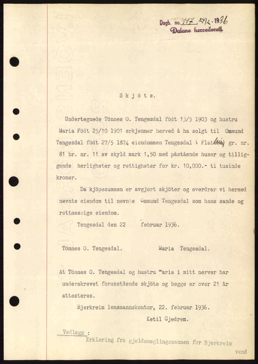 Dalane sorenskriveri, SAST/A-100309/02/G/Gb/L0040: Pantebok nr. A1, 1936-1936, Dagboknr: 117/1936
