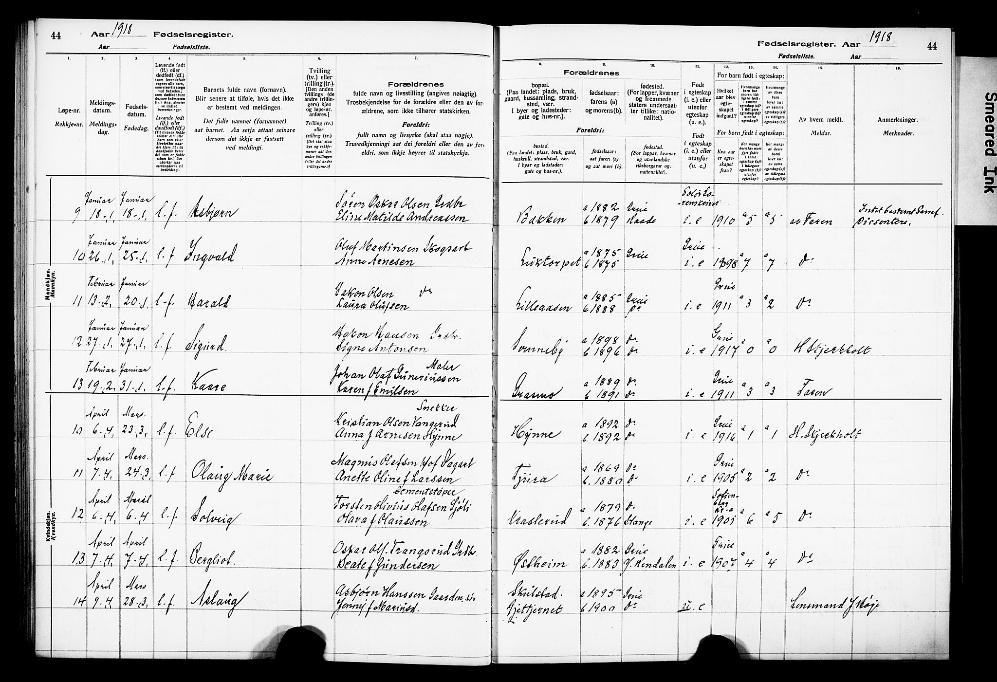 Grue prestekontor, AV/SAH-PREST-036/I/Id/Ida/L0001: Fødselsregister nr. I 1, 1916-1926, s. 44