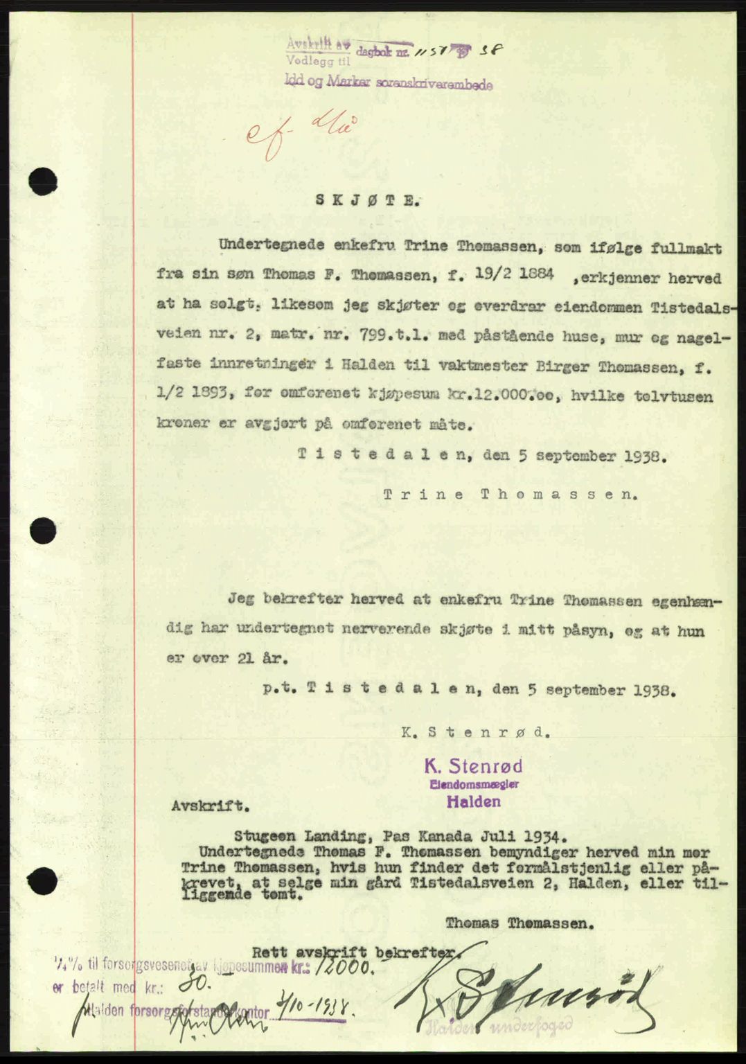 Idd og Marker sorenskriveri, AV/SAO-A-10283/G/Gb/Gbb/L0002: Pantebok nr. A2, 1937-1938, Dagboknr: 1151/1938