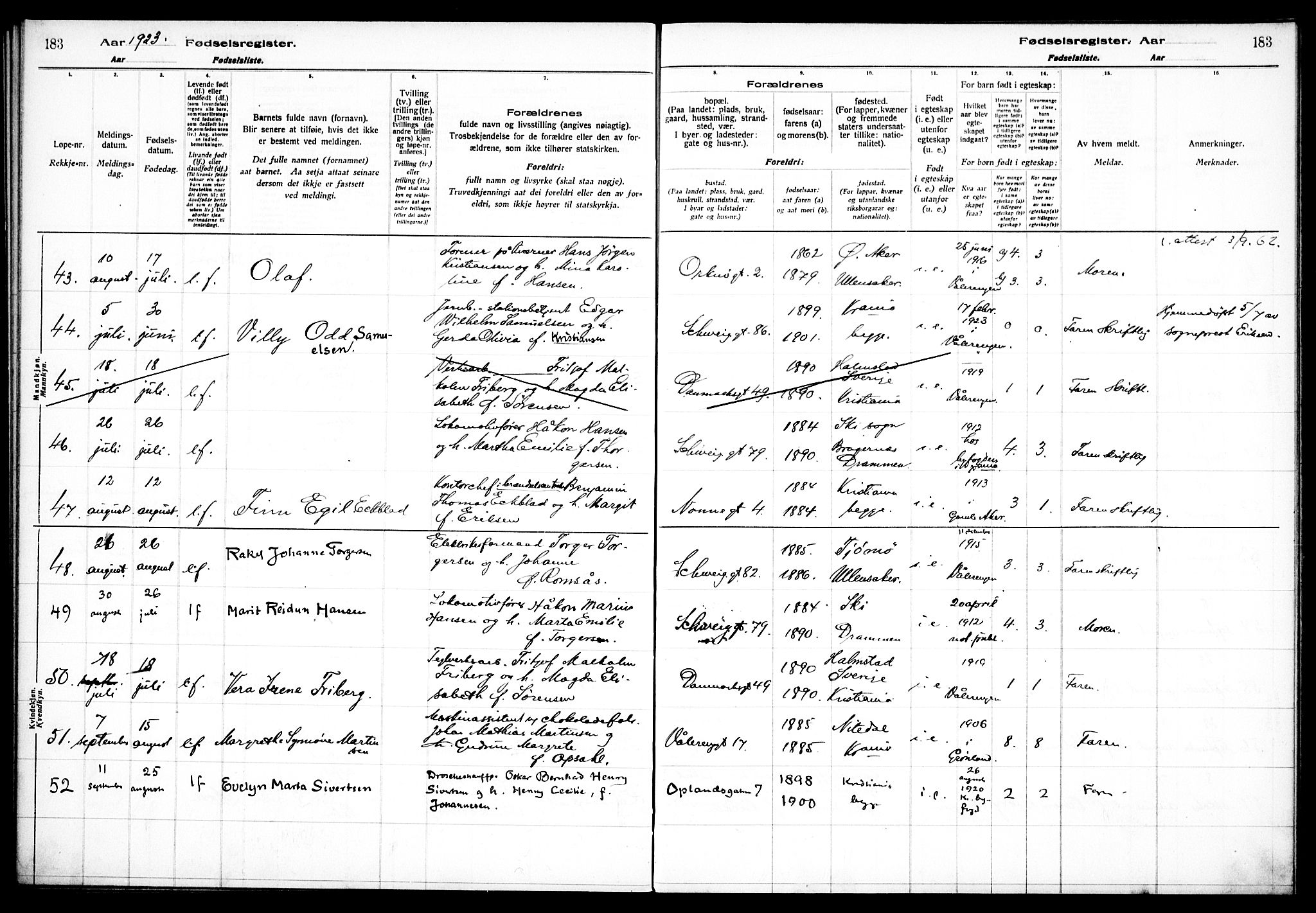 Vålerengen prestekontor Kirkebøker, AV/SAO-A-10878/J/Ja/L0001: Fødselsregister nr. 1, 1916-1924, s. 183