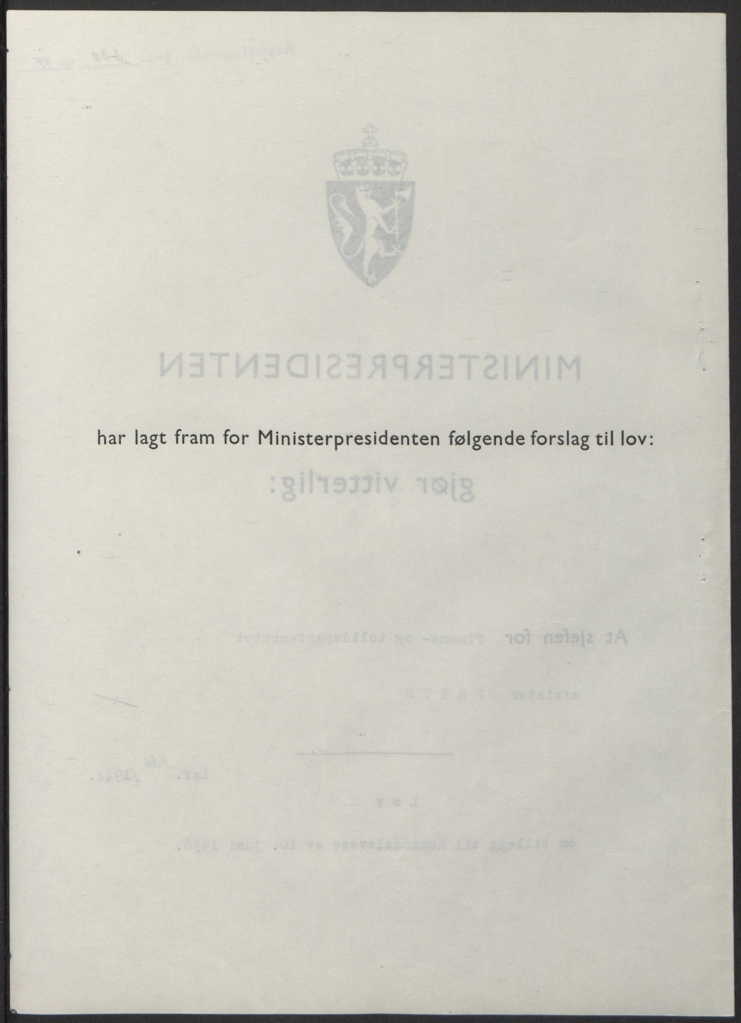 NS-administrasjonen 1940-1945 (Statsrådsekretariatet, de kommisariske statsråder mm), AV/RA-S-4279/D/Db/L0100: Lover, 1944, s. 656