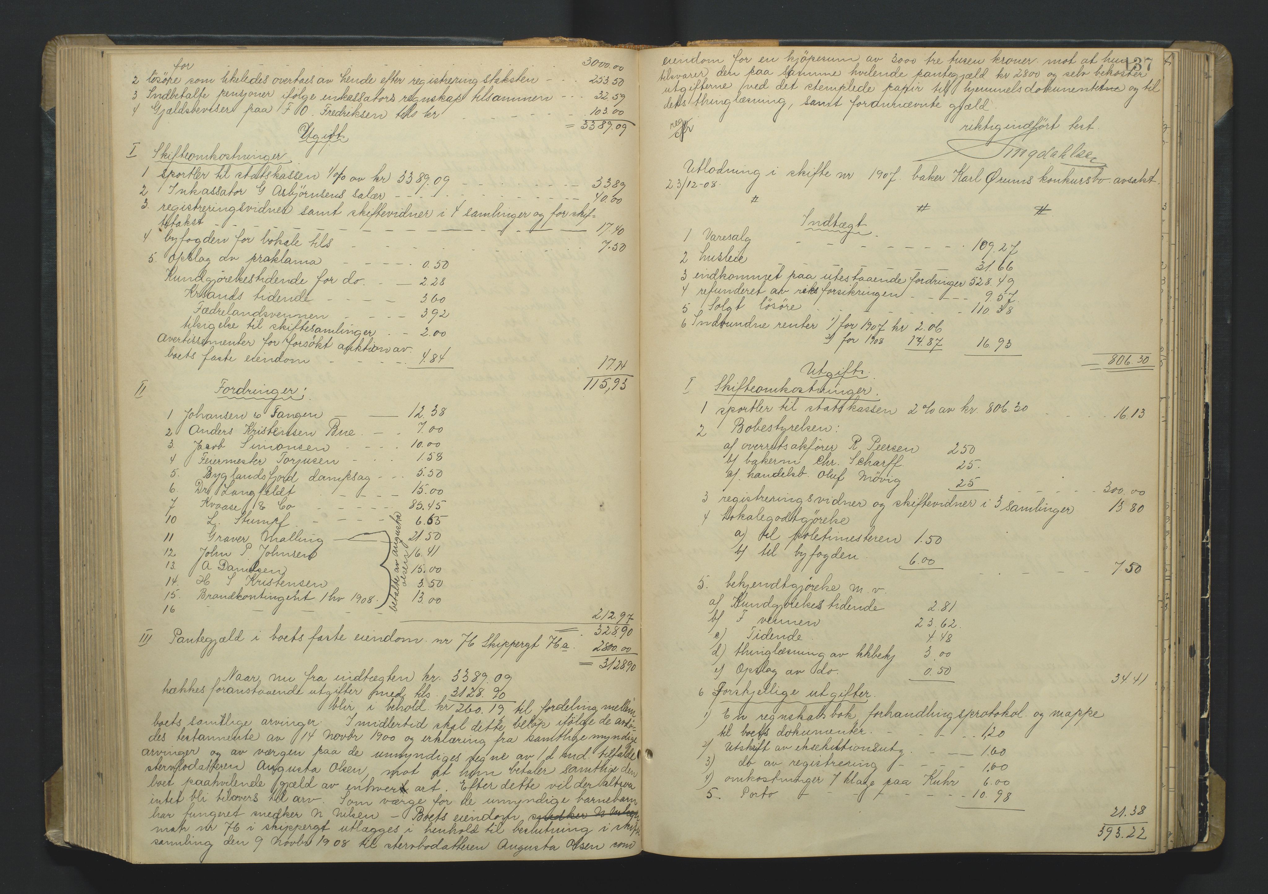 Kristiansand byrett, AV/SAK-1223-0001/H/Hc/L0060: Skifteutlodningsprotokoll nr. 6, med register, 1903-1916, s. 137