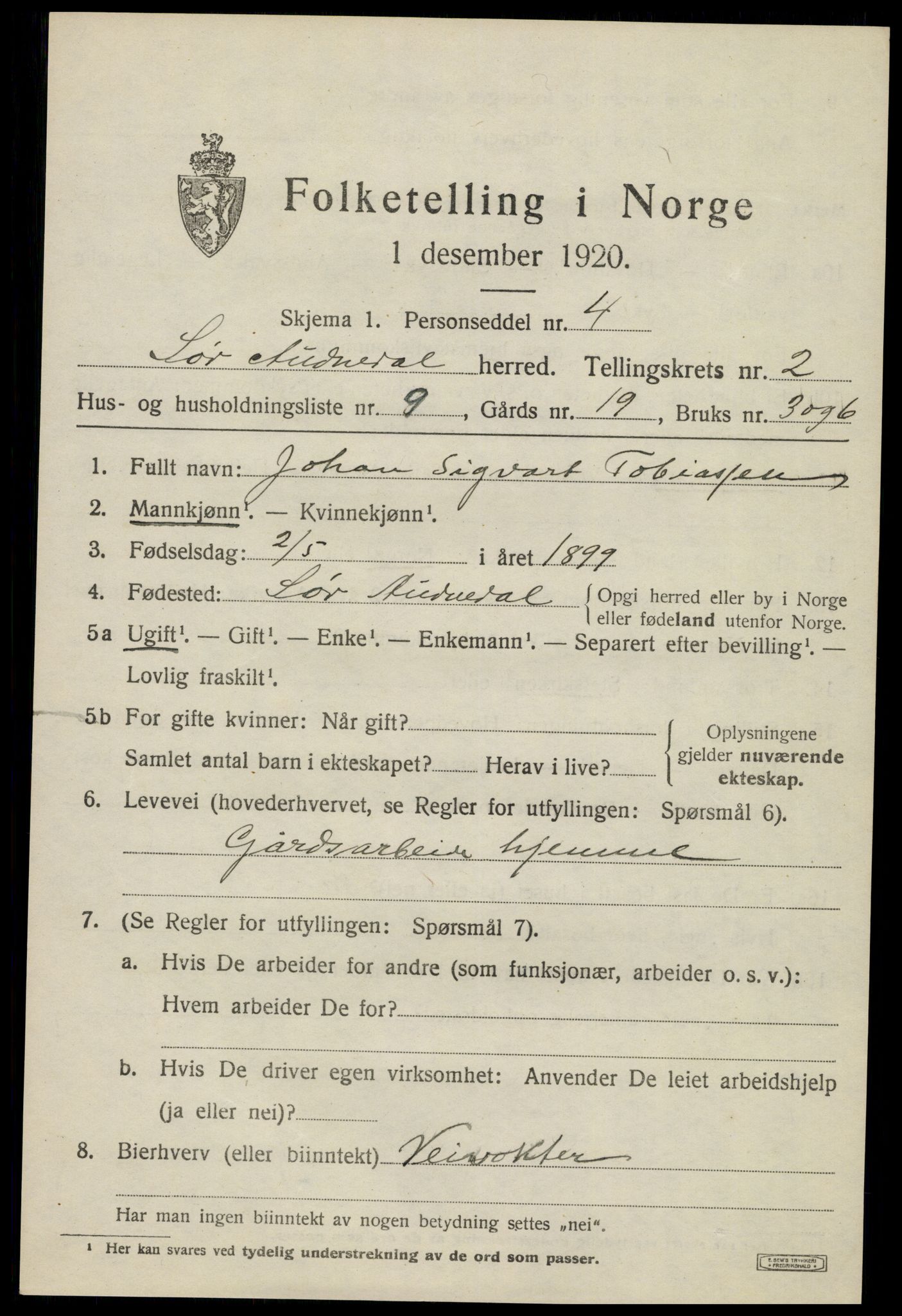 SAK, Folketelling 1920 for 1029 Sør-Audnedal herred, 1920, s. 1645