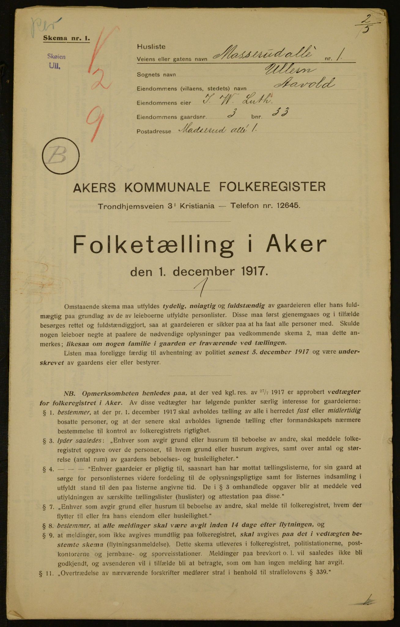 OBA, Kommunal folketelling 1.12.1917 for Aker, 1917, s. 5543