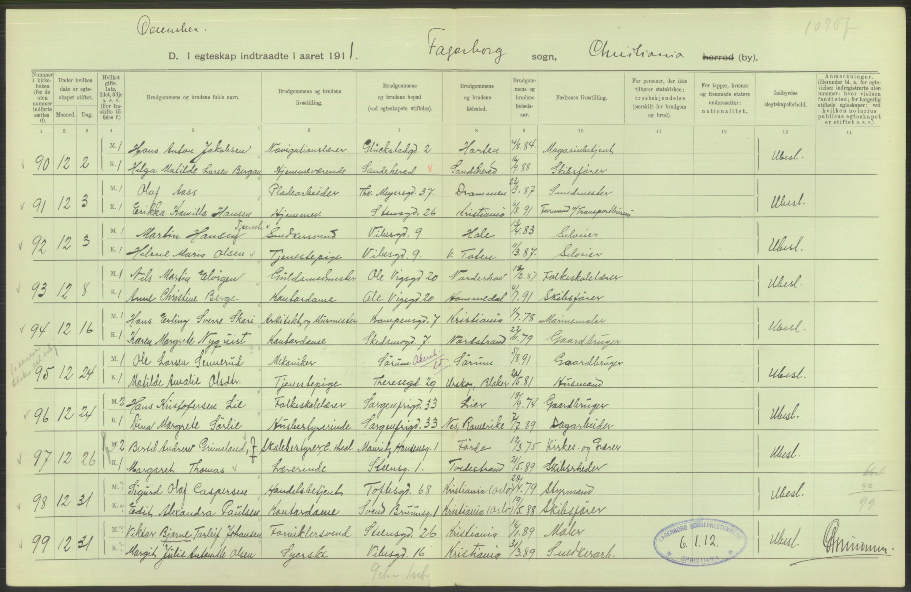 Statistisk sentralbyrå, Sosiodemografiske emner, Befolkning, AV/RA-S-2228/D/Df/Dfb/Dfba/L0008: Kristiania: Gifte, 1911, s. 360