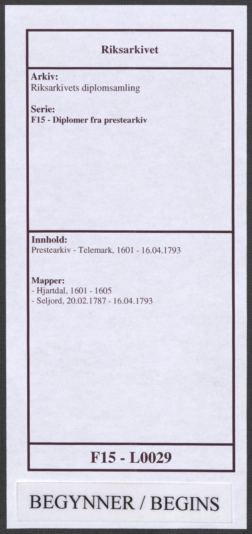 Riksarkivets diplomsamling, RA/EA-5965/F15/L0029: Prestearkiv - Telemark, 1601-1793, s. 1
