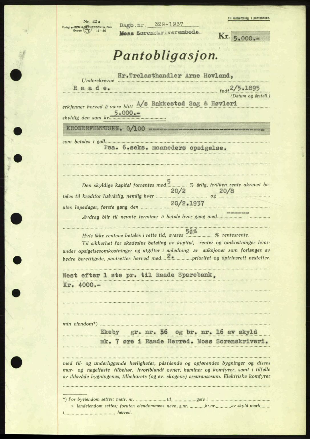 Moss sorenskriveri, SAO/A-10168: Pantebok nr. B3, 1937-1937, Dagboknr: 329/1937