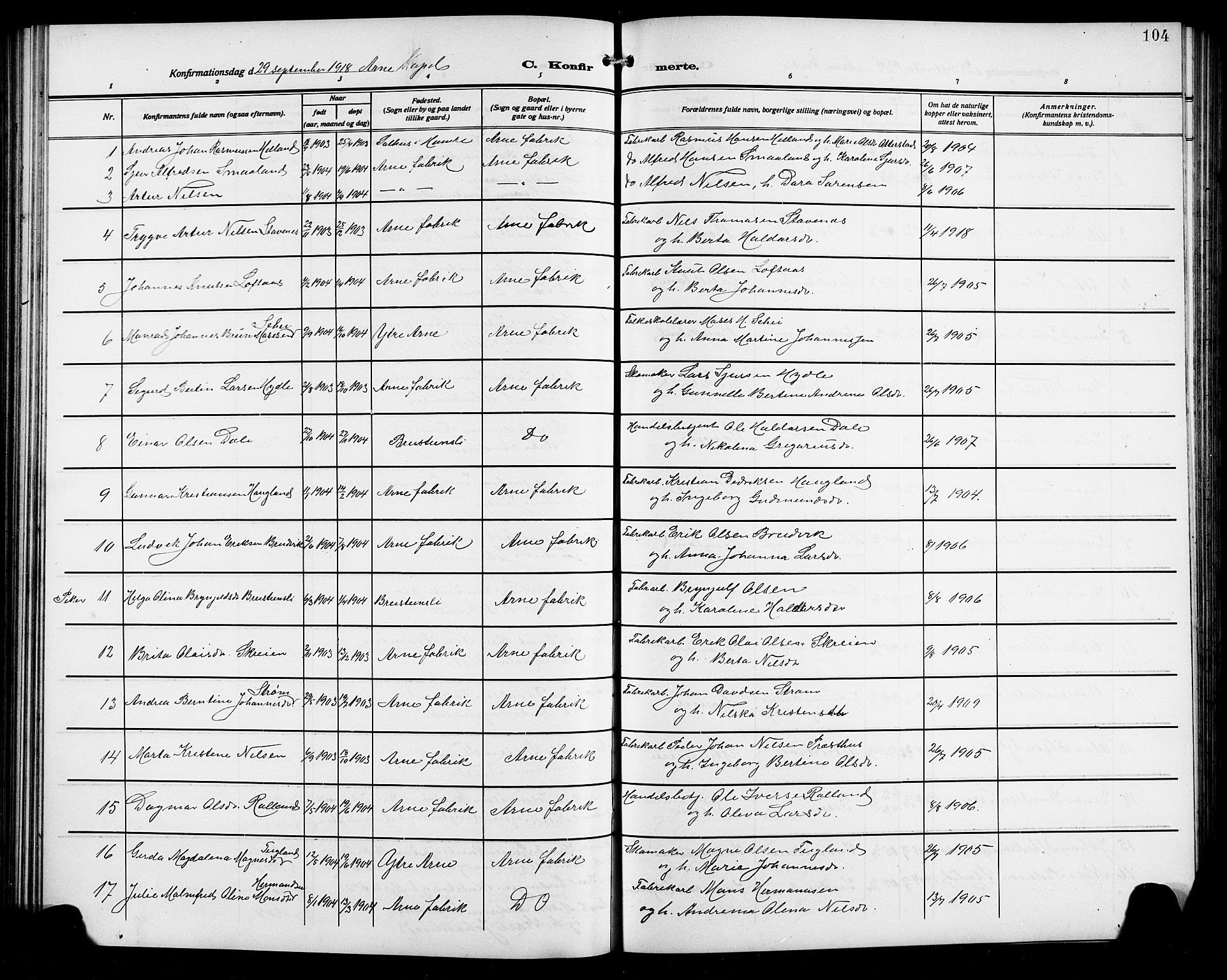 Arna sokneprestembete, AV/SAB-A-74001/H/Ha/Hab: Klokkerbok nr. A 5, 1911-1921, s. 104