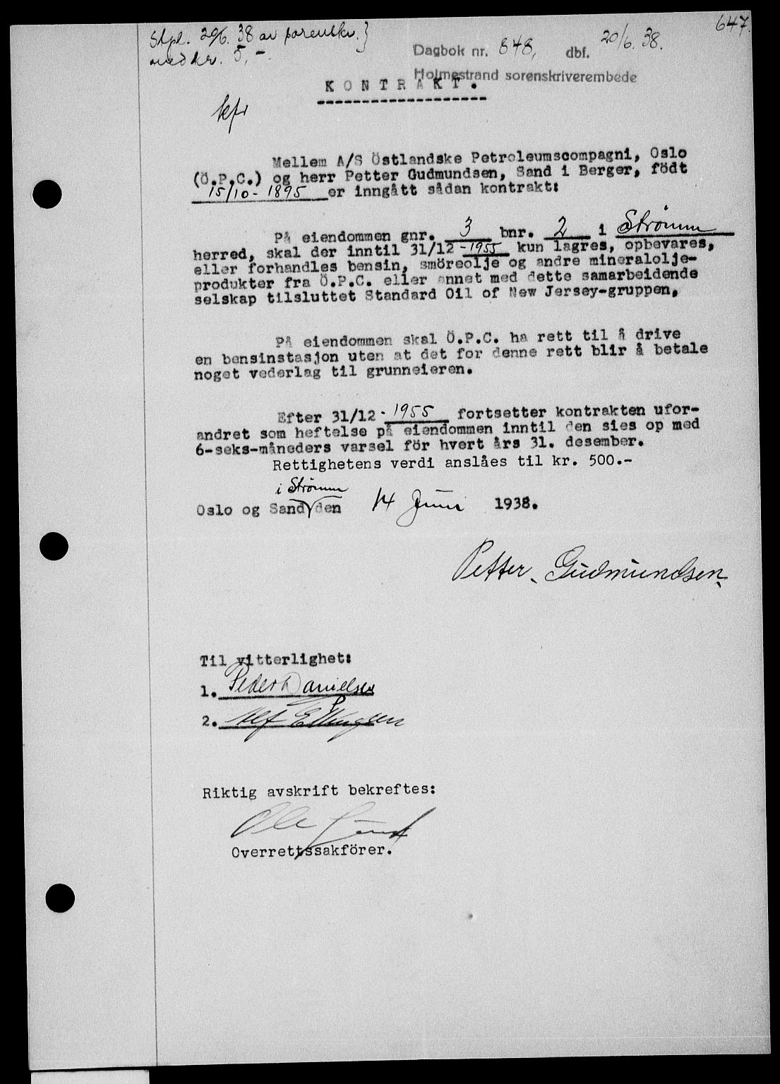 Holmestrand sorenskriveri, SAKO/A-67/G/Ga/Gaa/L0049: Pantebok nr. A-49, 1937-1938, Dagboknr: 848/1938