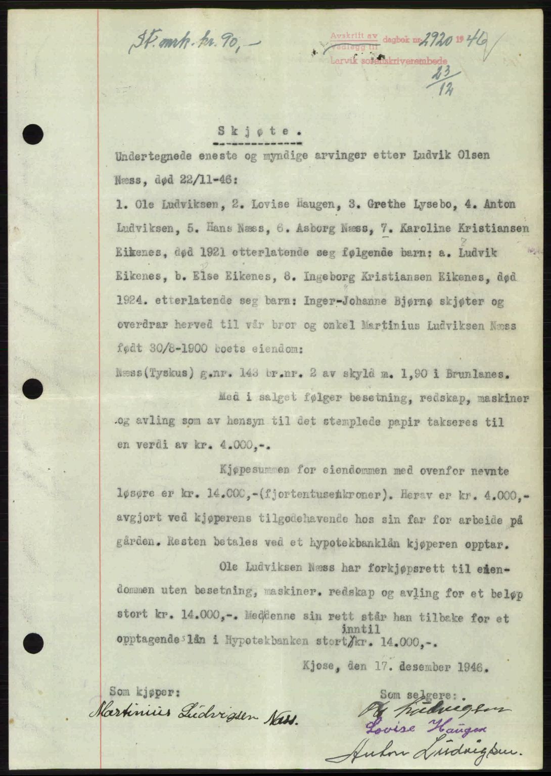 Larvik sorenskriveri, SAKO/A-83/G/Ga/Gab/L0083: Pantebok nr. A-17, 1946-1947, Dagboknr: 2920/1946