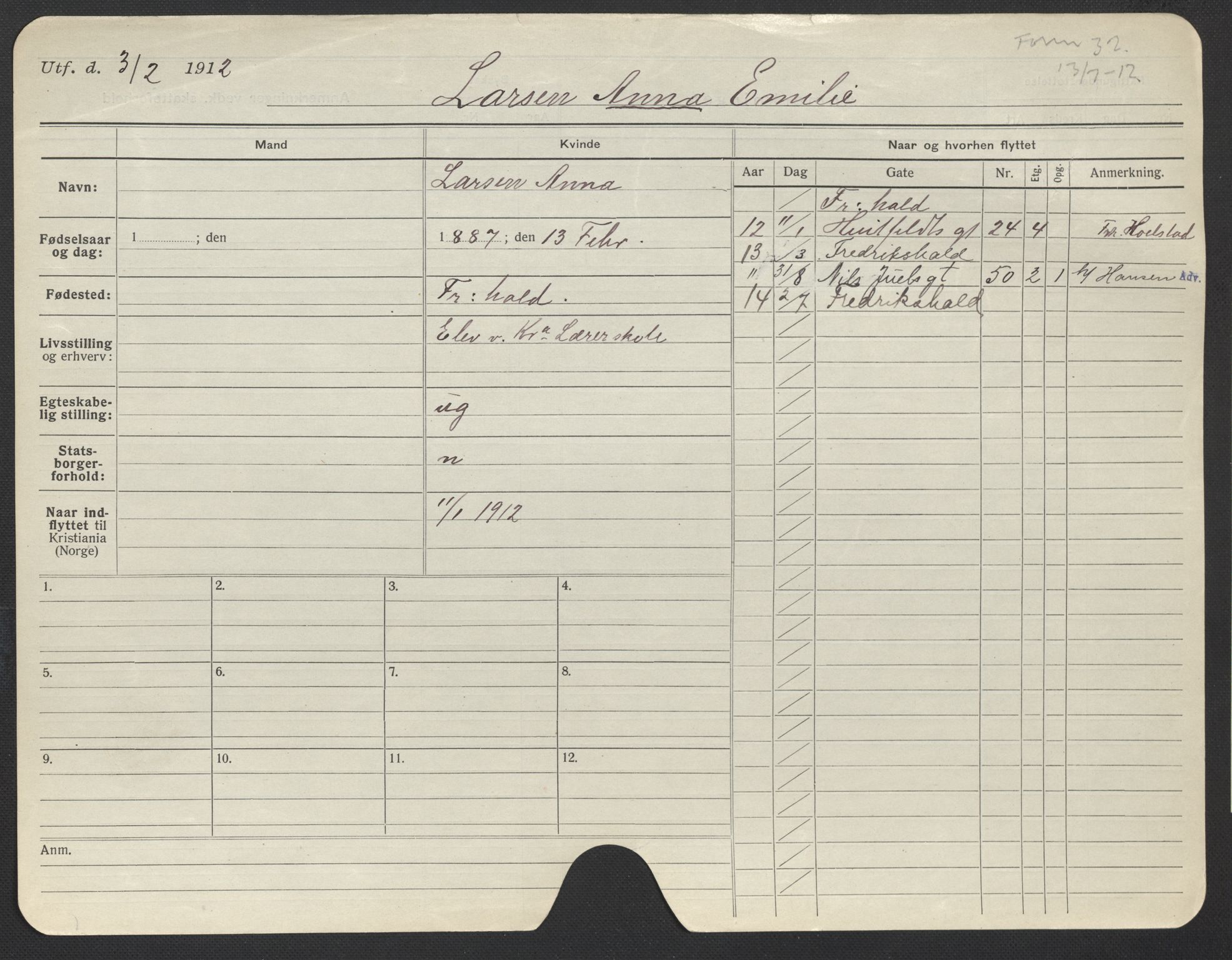 Oslo folkeregister, Registerkort, AV/SAO-A-11715/F/Fa/Fac/L0019: Kvinner, 1906-1914, s. 809a