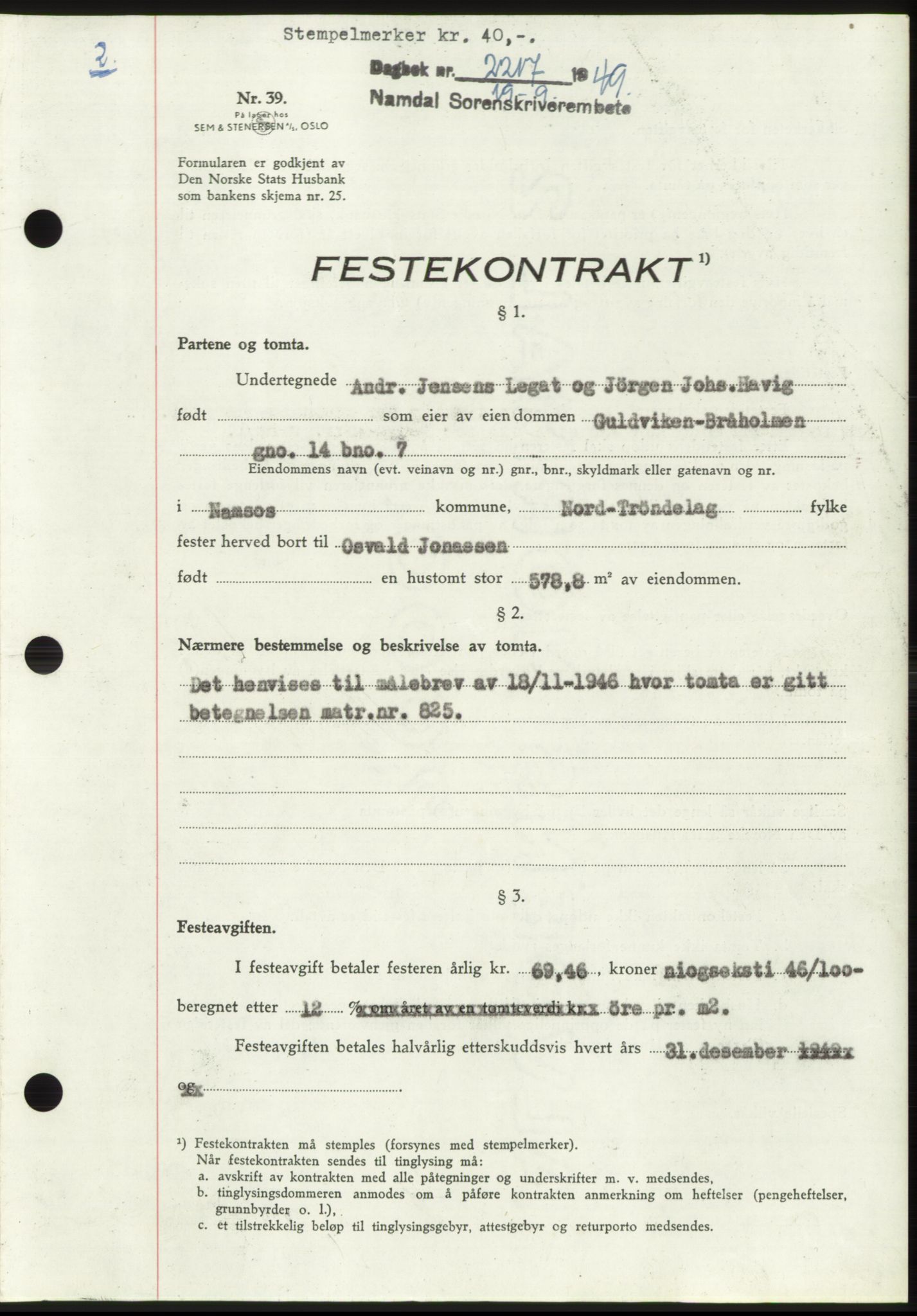 Namdal sorenskriveri, SAT/A-4133/1/2/2C: Pantebok nr. -, 1949-1949, Dagboknr: 2217/1949