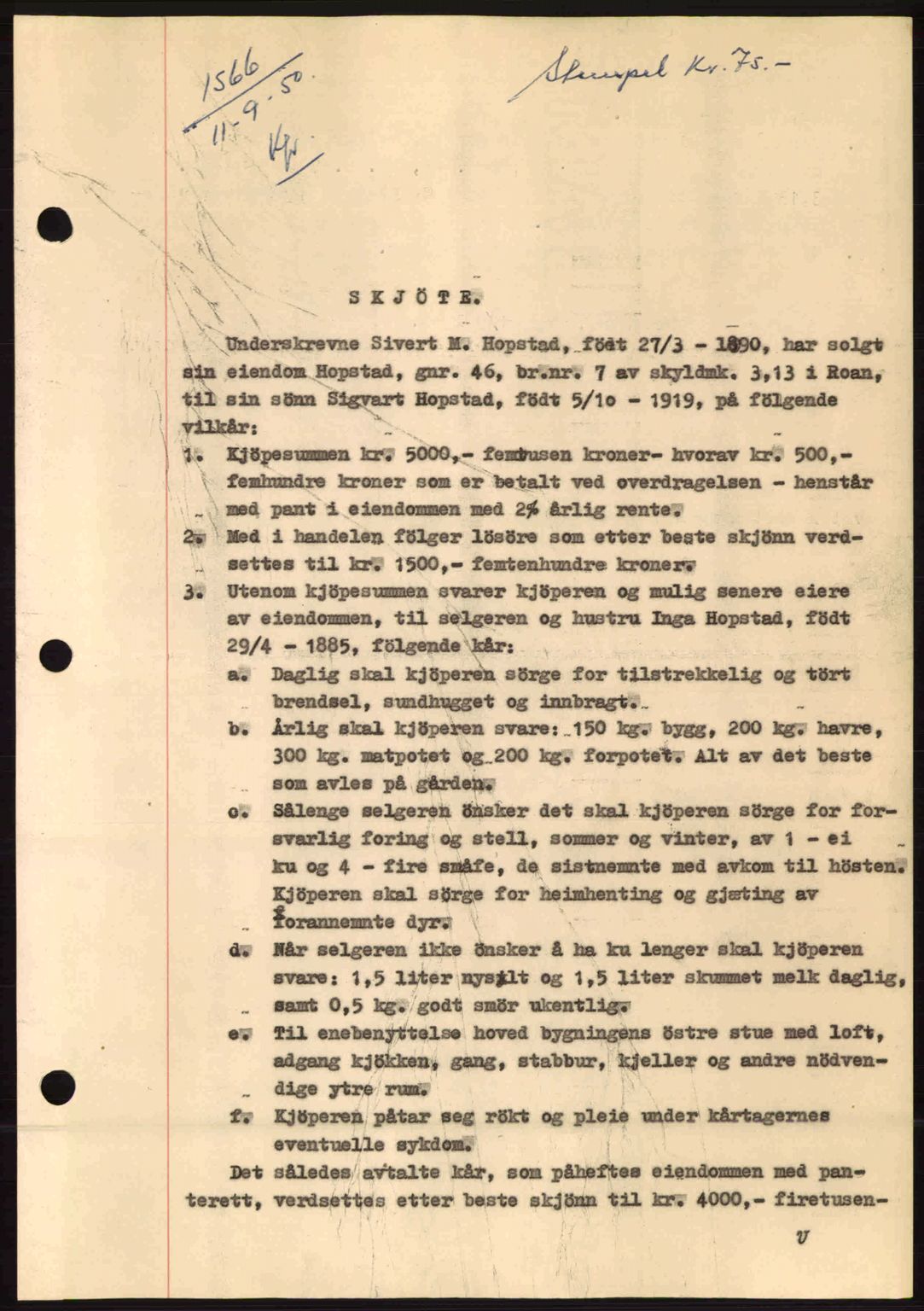 Fosen sorenskriveri, AV/SAT-A-1107/1/2/2C: Pantebok nr. A12, 1950-1950, Dagboknr: 1566/1950