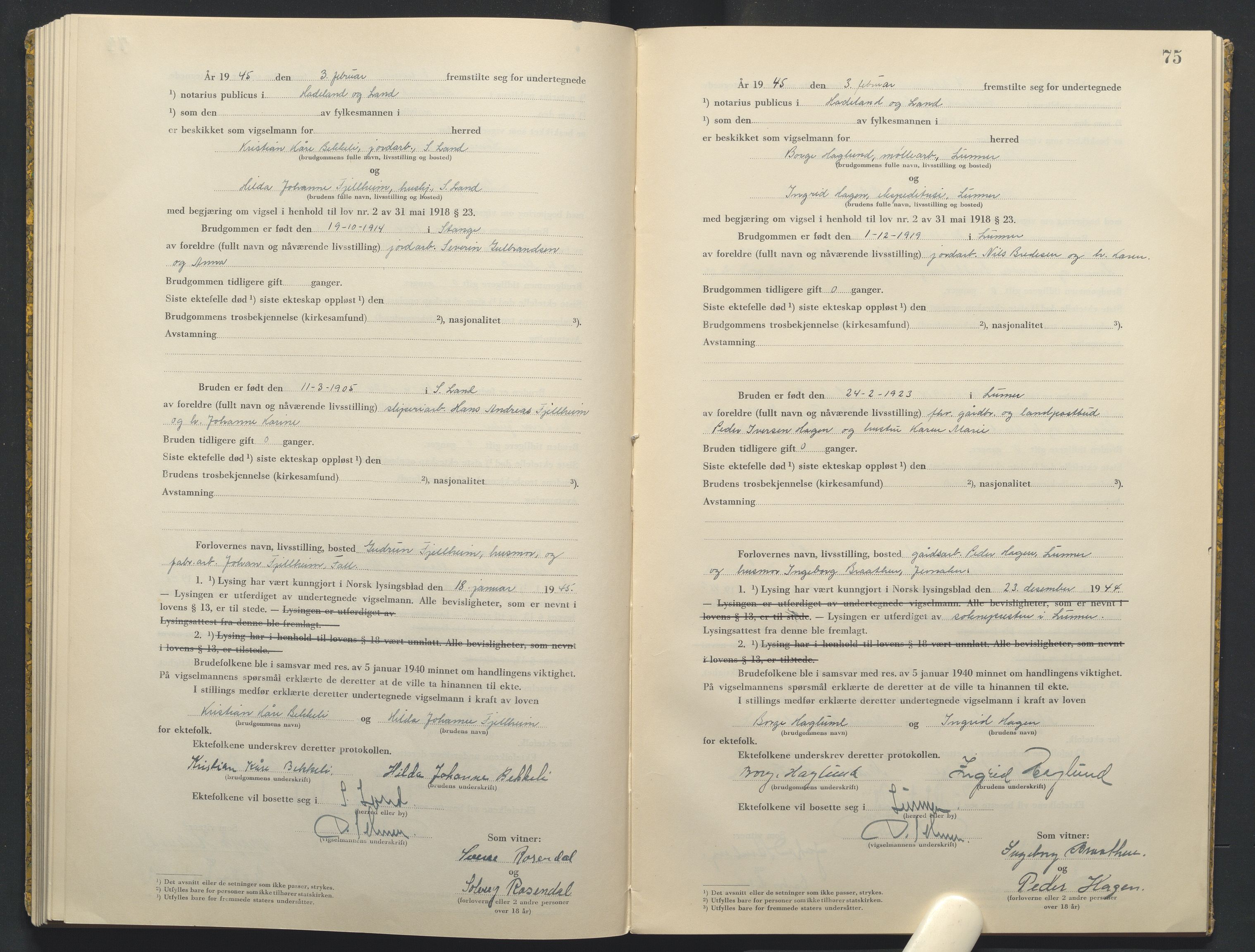 Hadeland og Land tingrett, AV/SAH-TING-010/L/Lb/L0003: Vigselbok, 1944-1946, s. 75