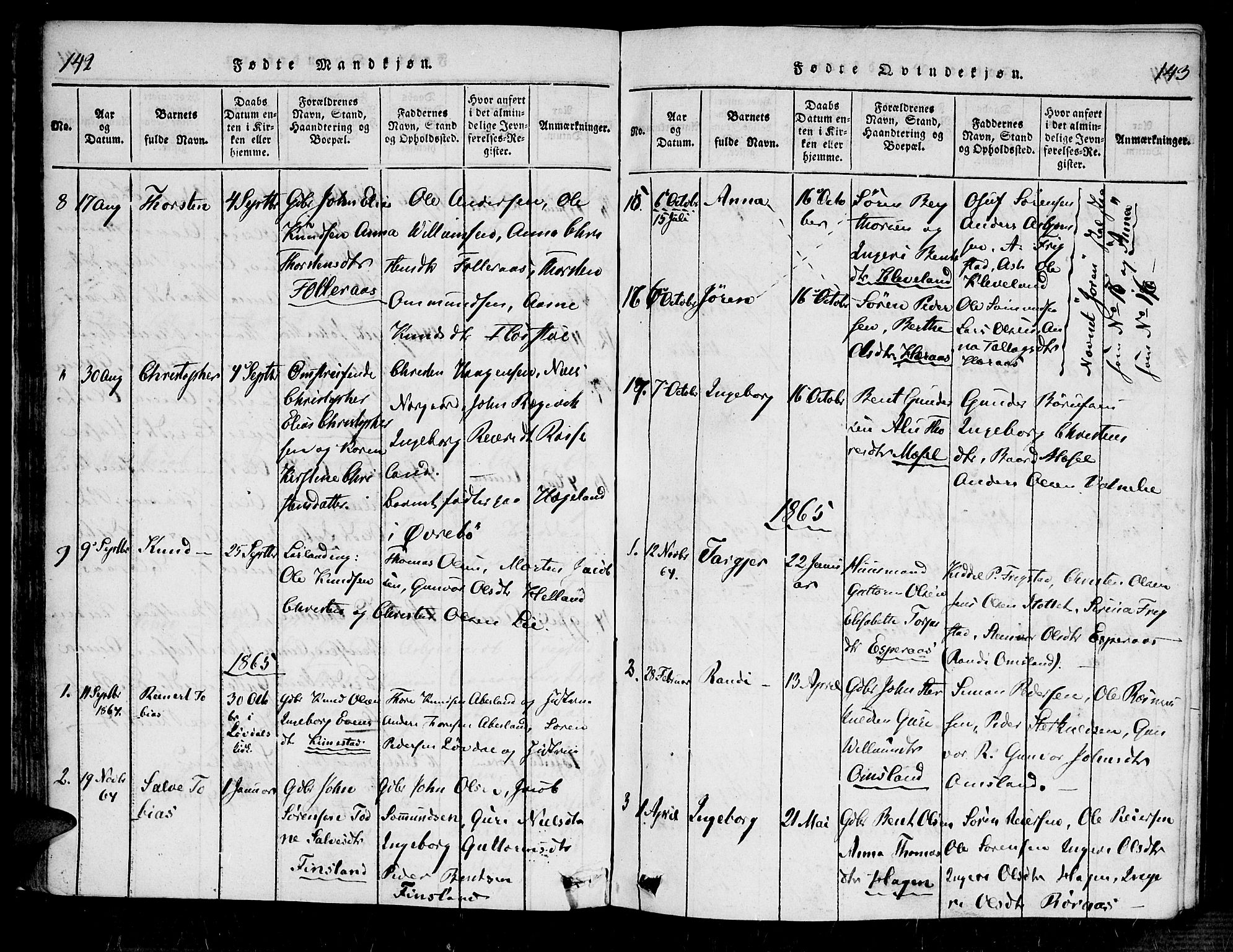 Bjelland sokneprestkontor, SAK/1111-0005/F/Fa/Fab/L0002: Ministerialbok nr. A 2, 1816-1869, s. 142-143
