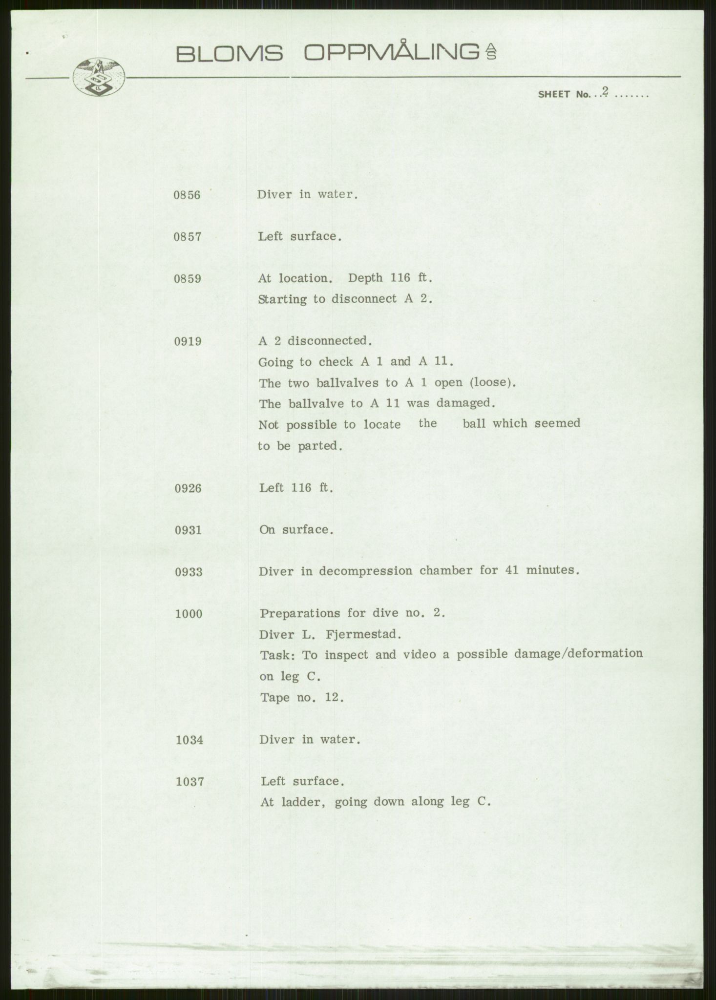 Justisdepartementet, Granskningskommisjonen ved Alexander Kielland-ulykken 27.3.1980, AV/RA-S-1165/D/L0006: A Alexander L. Kielland (Doku.liste + A3-A6, A11-A13, A18-A20-A21, A23, A31 av 31)/Dykkerjournaler, 1980-1981, s. 230