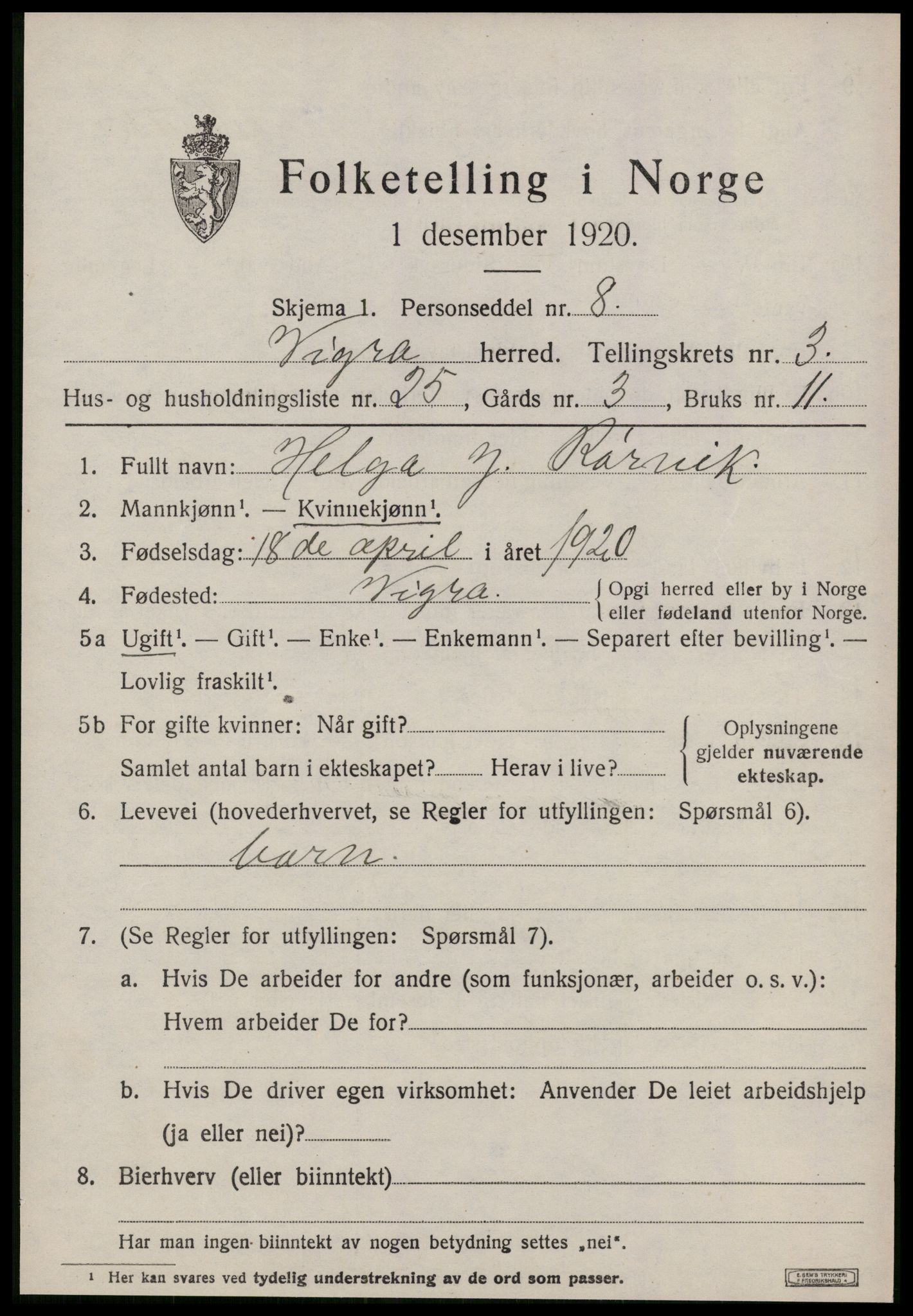 SAT, Folketelling 1920 for 1533 Vigra herred, 1920, s. 1698