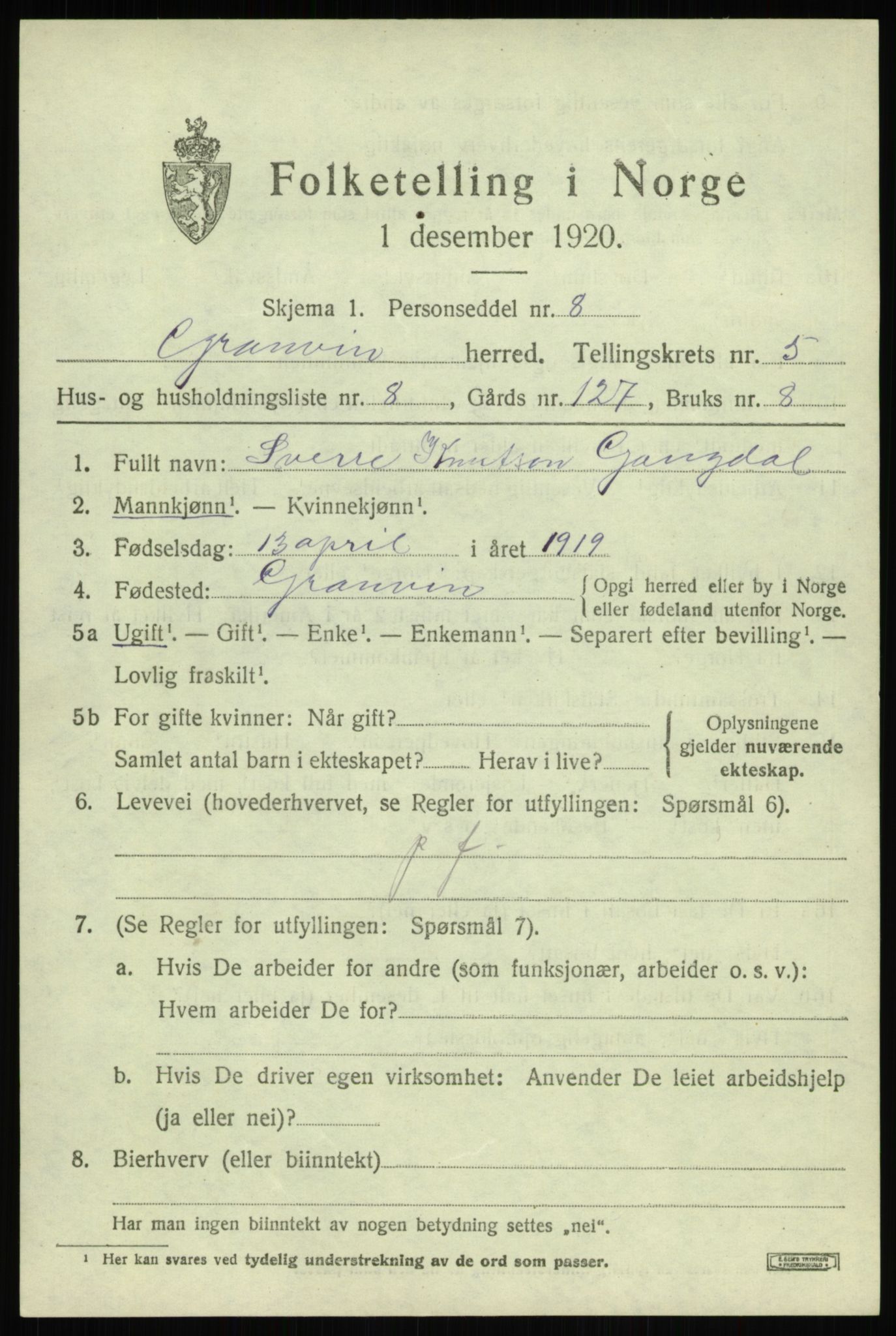 SAB, Folketelling 1920 for 1234 Granvin herred, 1920, s. 2448