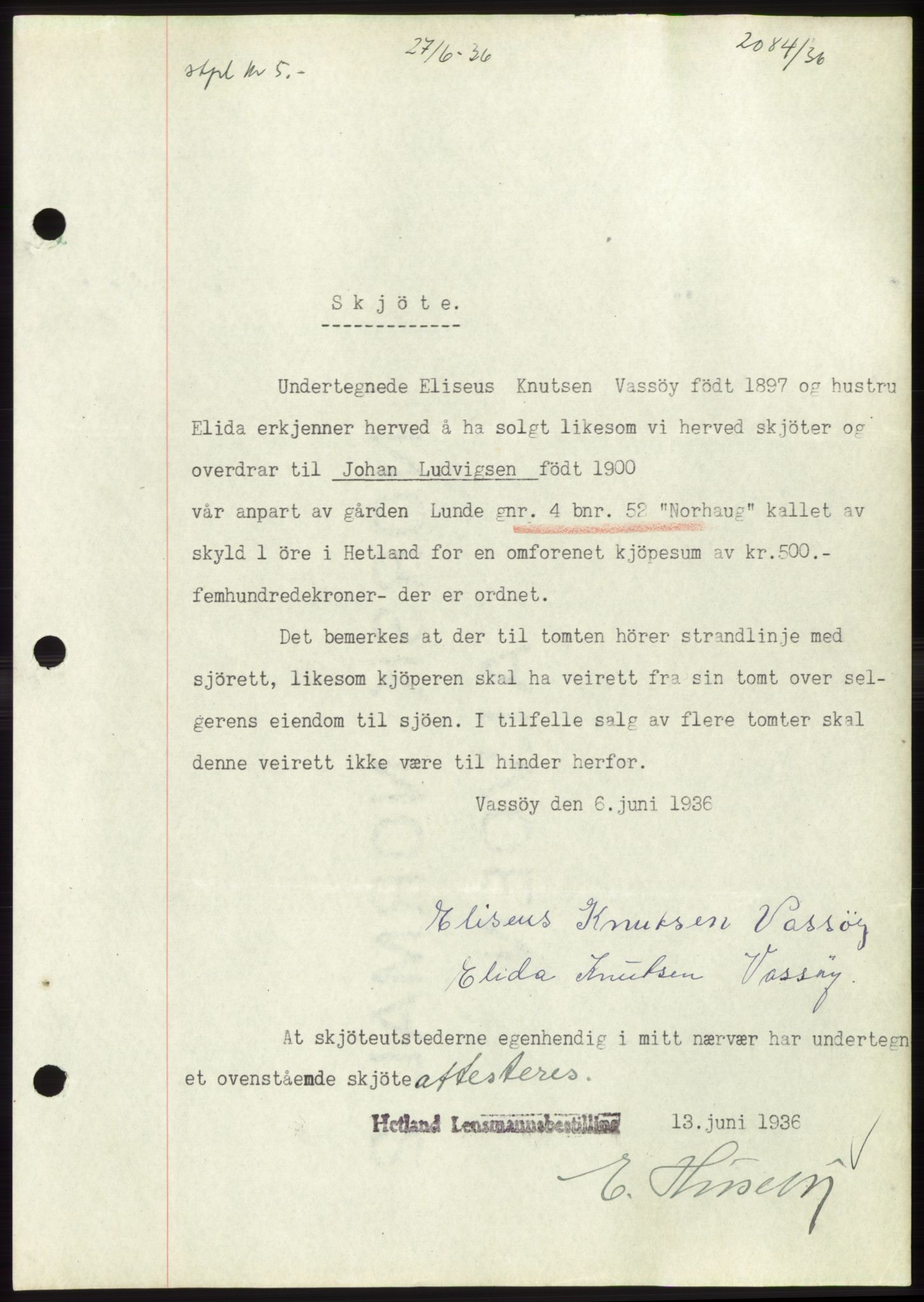 Jæren sorenskriveri, SAST/A-100310/03/G/Gba/L0065: Pantebok nr. 71, 1936-1936, Dagboknr: 2084/1936