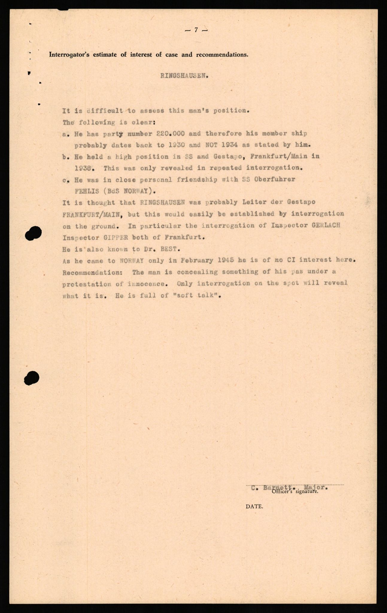 Forsvaret, Forsvarets overkommando II, RA/RAFA-3915/D/Db/L0027: CI Questionaires. Tyske okkupasjonsstyrker i Norge. Tyskere., 1945-1946, s. 429