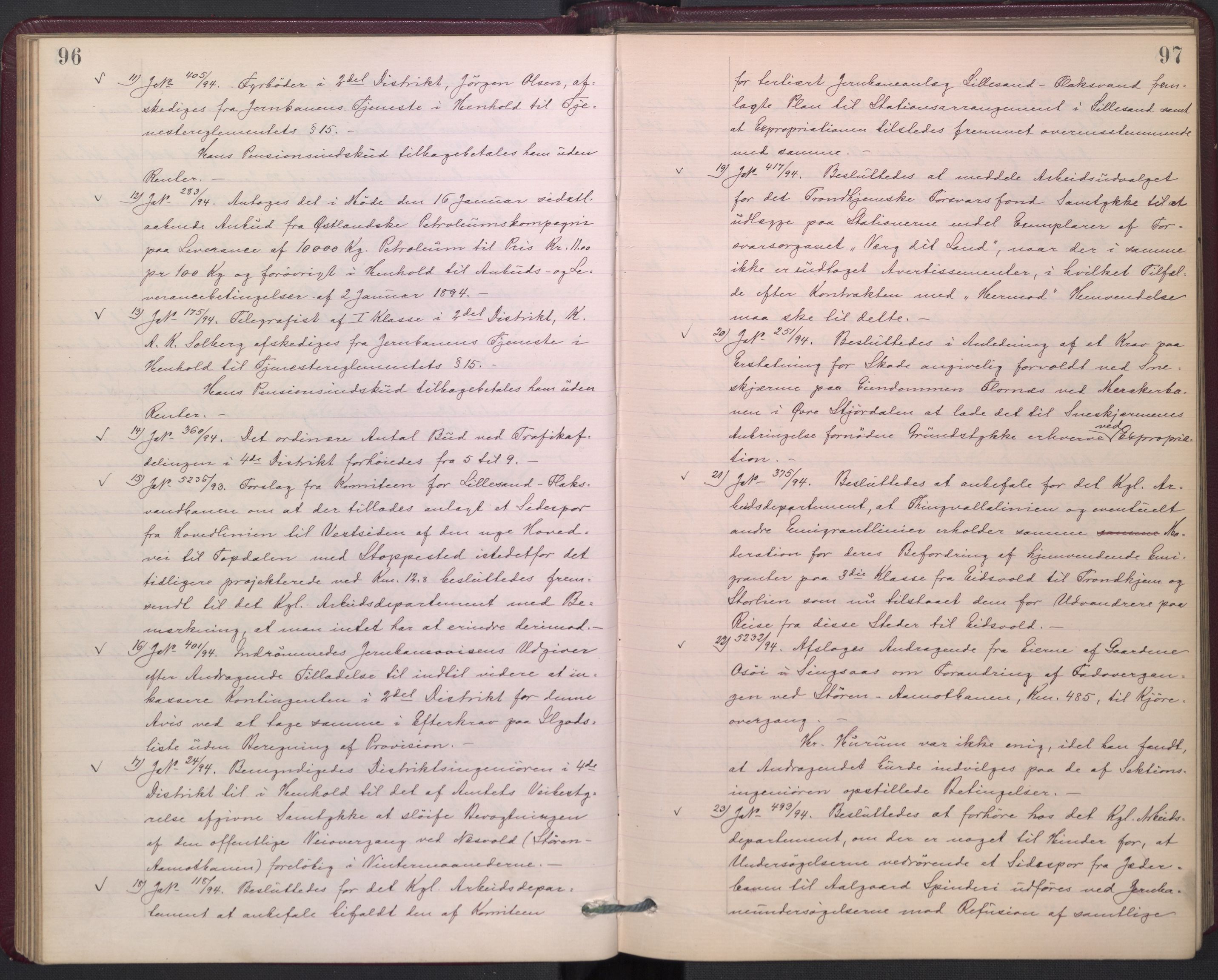 Norges statsbaner, Administrasjons- økonomi- og personalavdelingen, AV/RA-S-3412/A/Aa/L0002a: Forhandlingsprotokoll, 1893-1895, s. 96-97