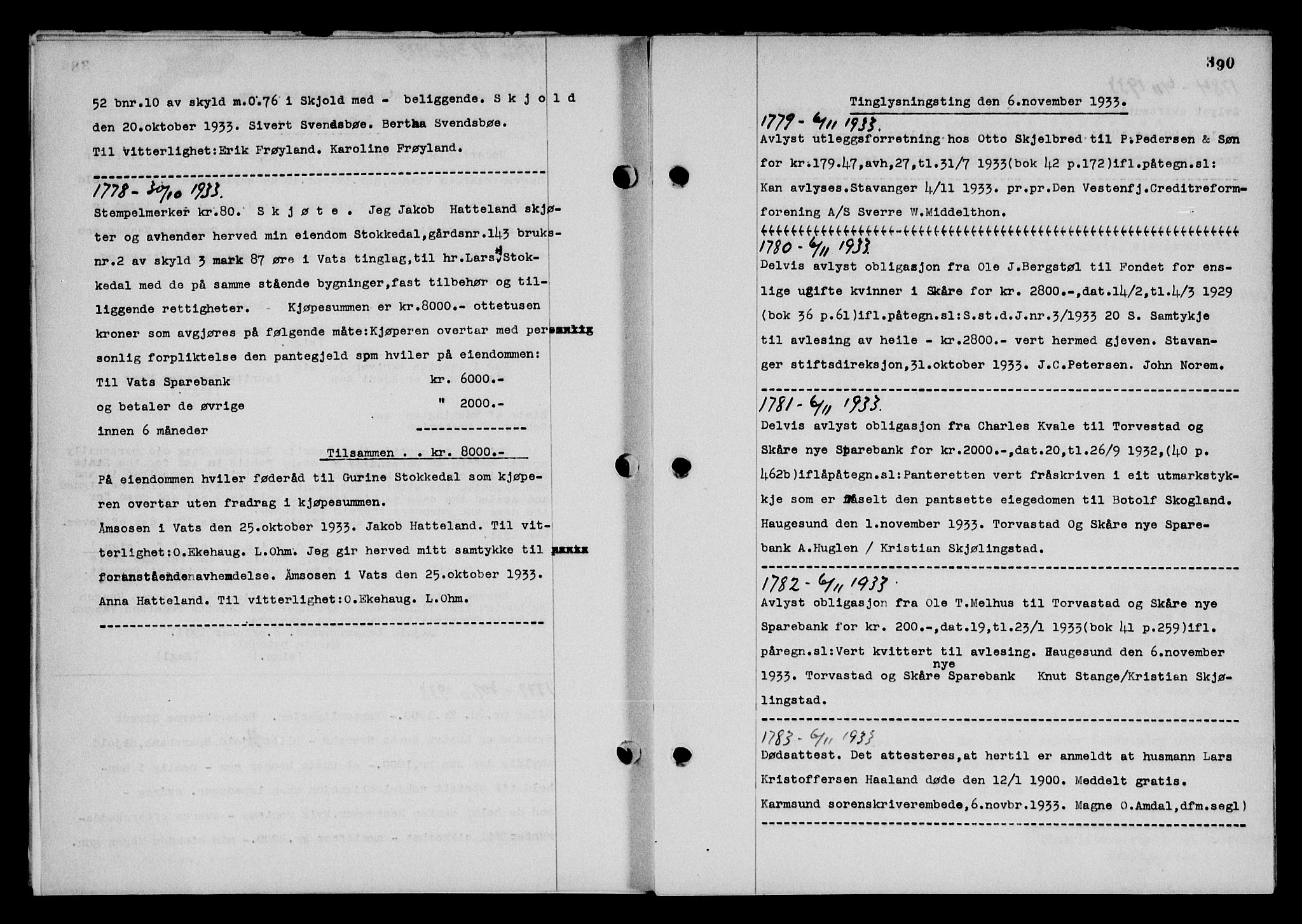 Karmsund sorenskriveri, SAST/A-100311/01/II/IIB/L0061: Pantebok nr. 42, 1933-1933, Tingl.dato: 06.11.1933