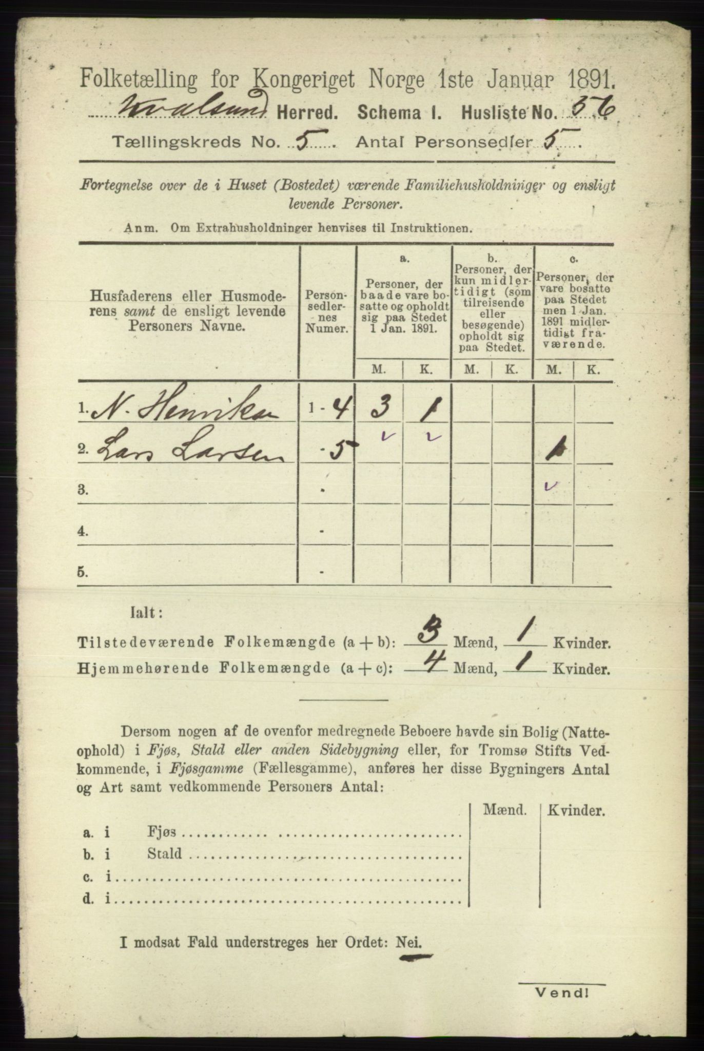 RA, Folketelling 1891 for 2017 Kvalsund herred, 1891, s. 508