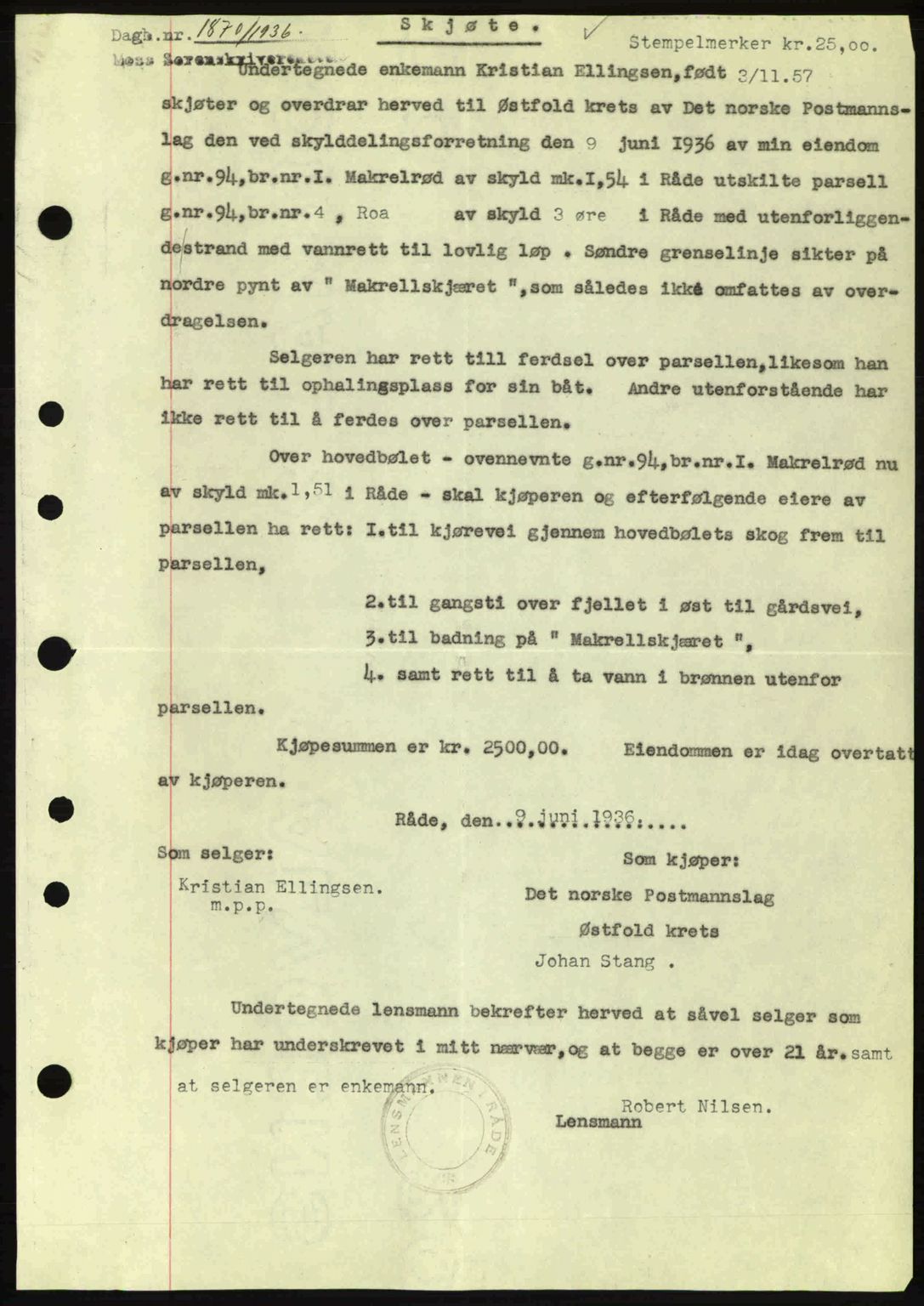 Moss sorenskriveri, SAO/A-10168: Pantebok nr. A1, 1936-1936, Dagboknr: 1870/1936