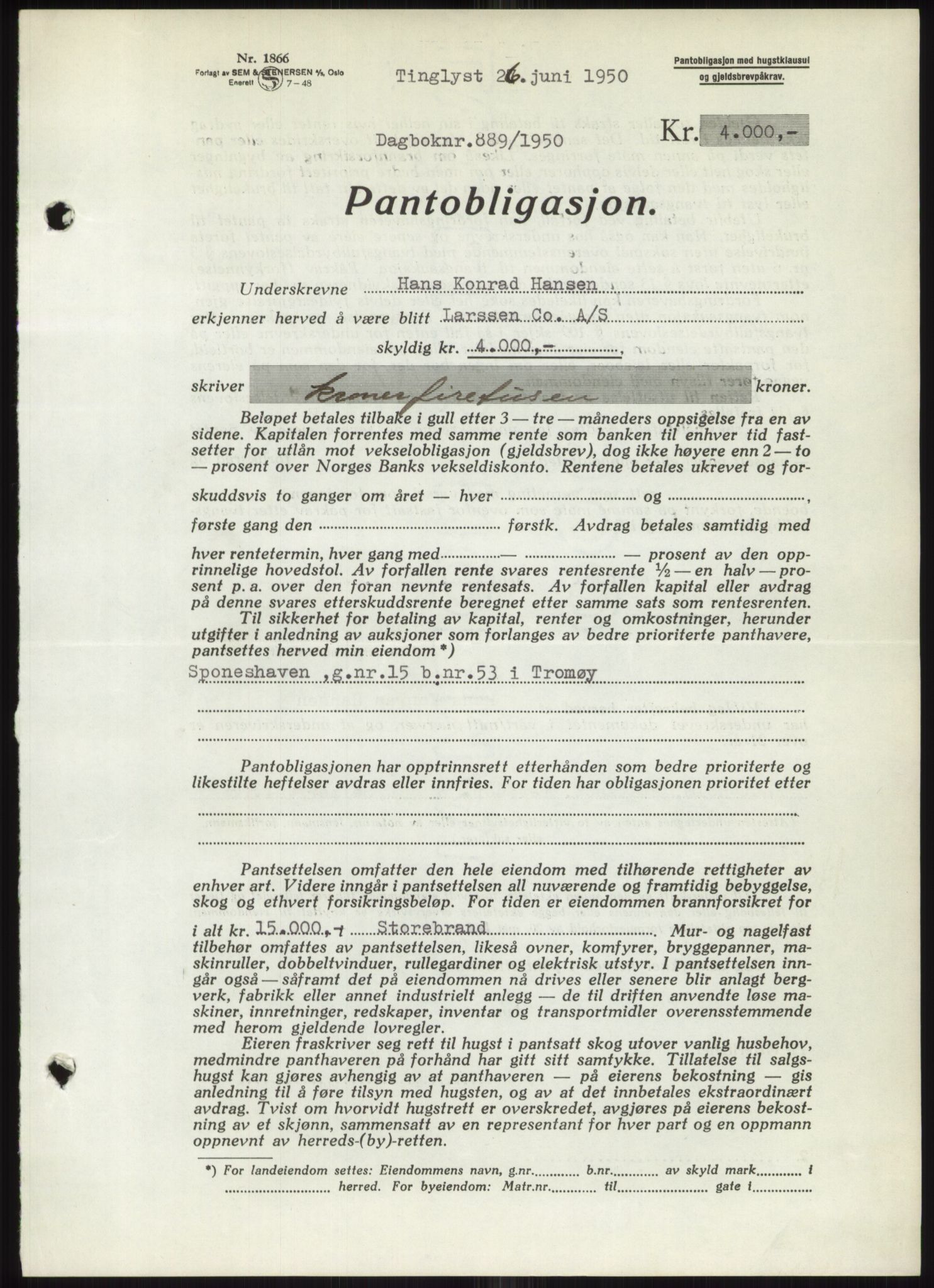 Nedenes sorenskriveri, SAK/1221-0006/G/Gb/Gbb/L0007: Pantebok nr. B7, 1949-1950, Dagboknr: 889/1950