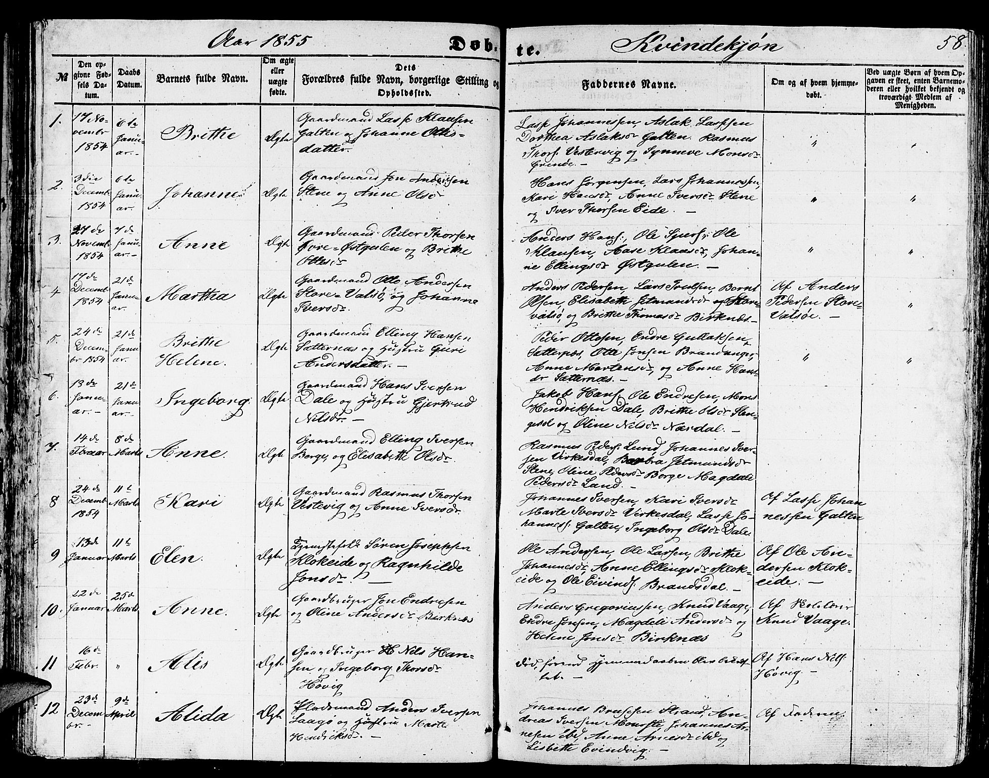 Gulen sokneprestembete, AV/SAB-A-80201/H/Hab/Habb/L0001: Klokkerbok nr. B 1, 1854-1866, s. 58