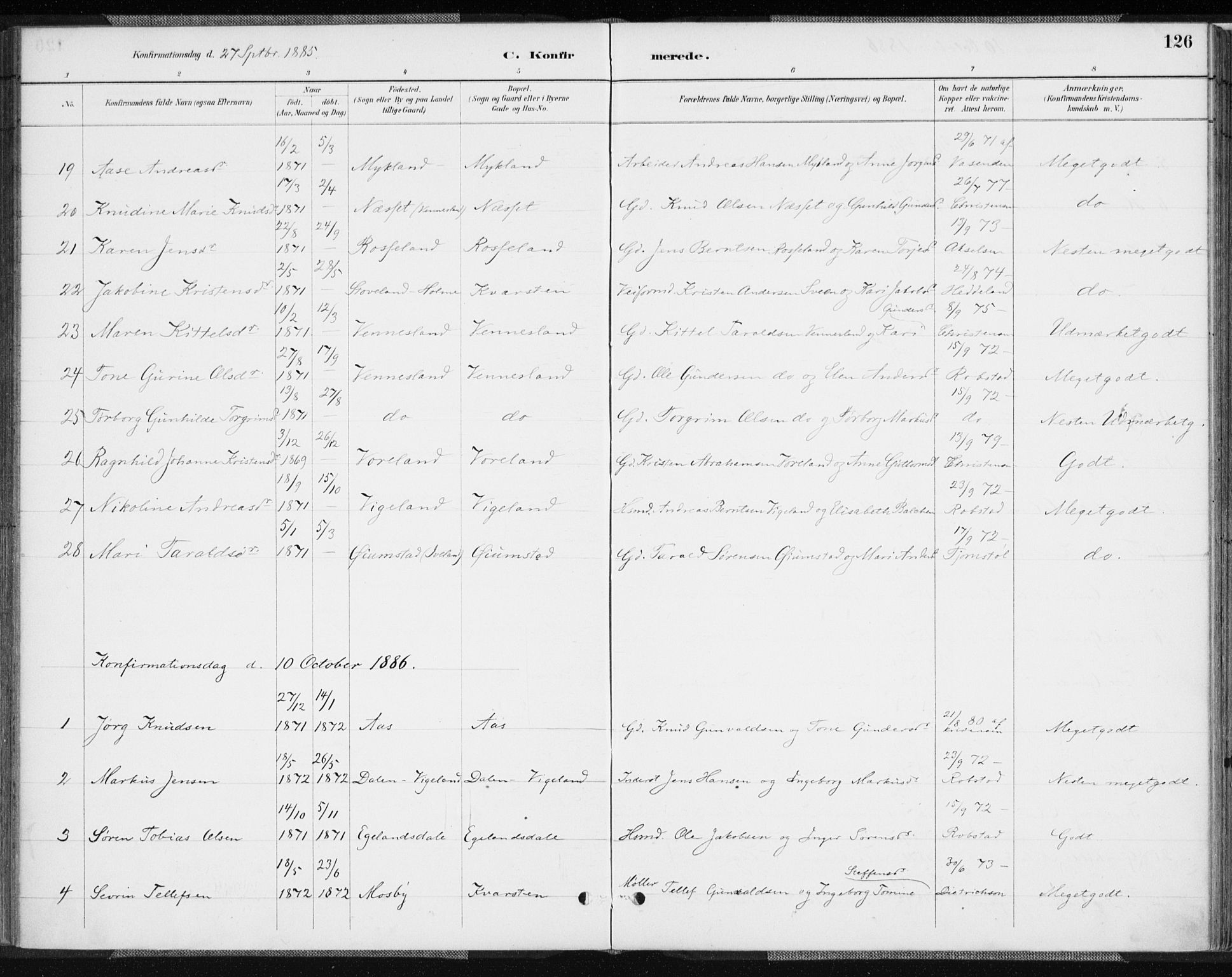 Vennesla sokneprestkontor, AV/SAK-1111-0045/Fa/Fab/L0004: Ministerialbok nr. A 4, 1884-1896, s. 126