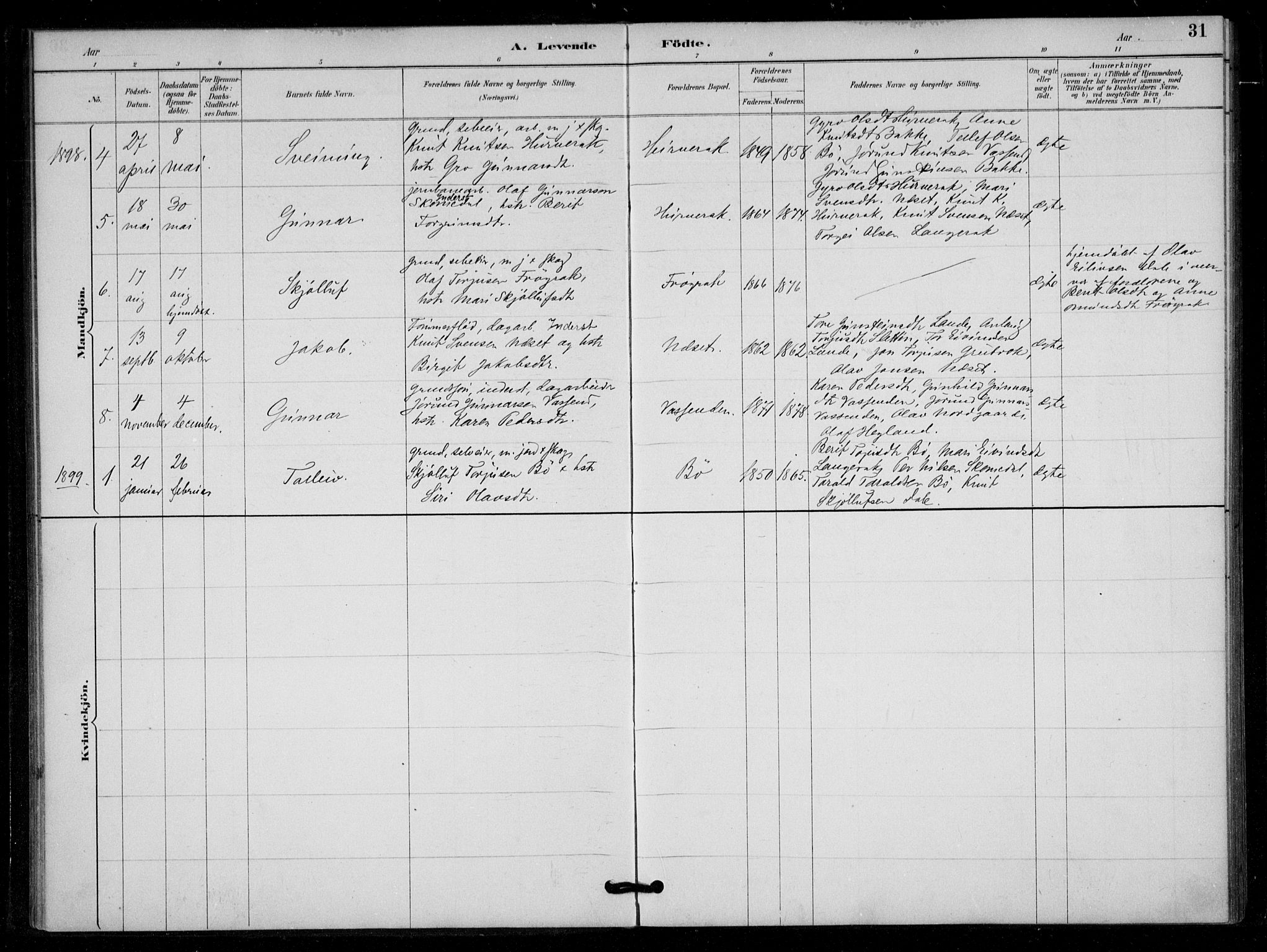 Bygland sokneprestkontor, AV/SAK-1111-0006/F/Fa/Fad/L0001: Ministerialbok nr. A 1, 1885-1906, s. 31