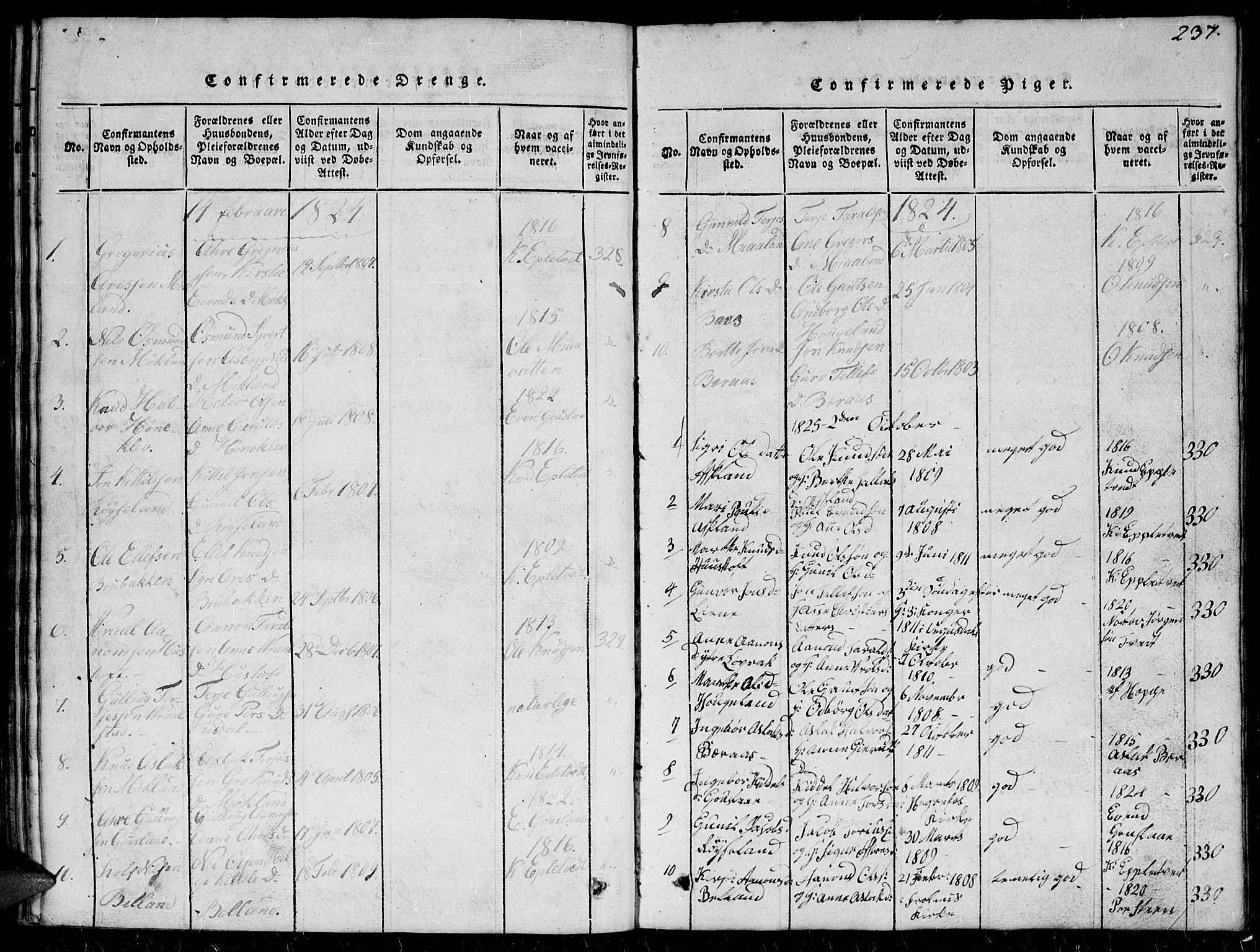 Herefoss sokneprestkontor, SAK/1111-0019/F/Fb/Fbc/L0001: Klokkerbok nr. B 1, 1816-1866, s. 237