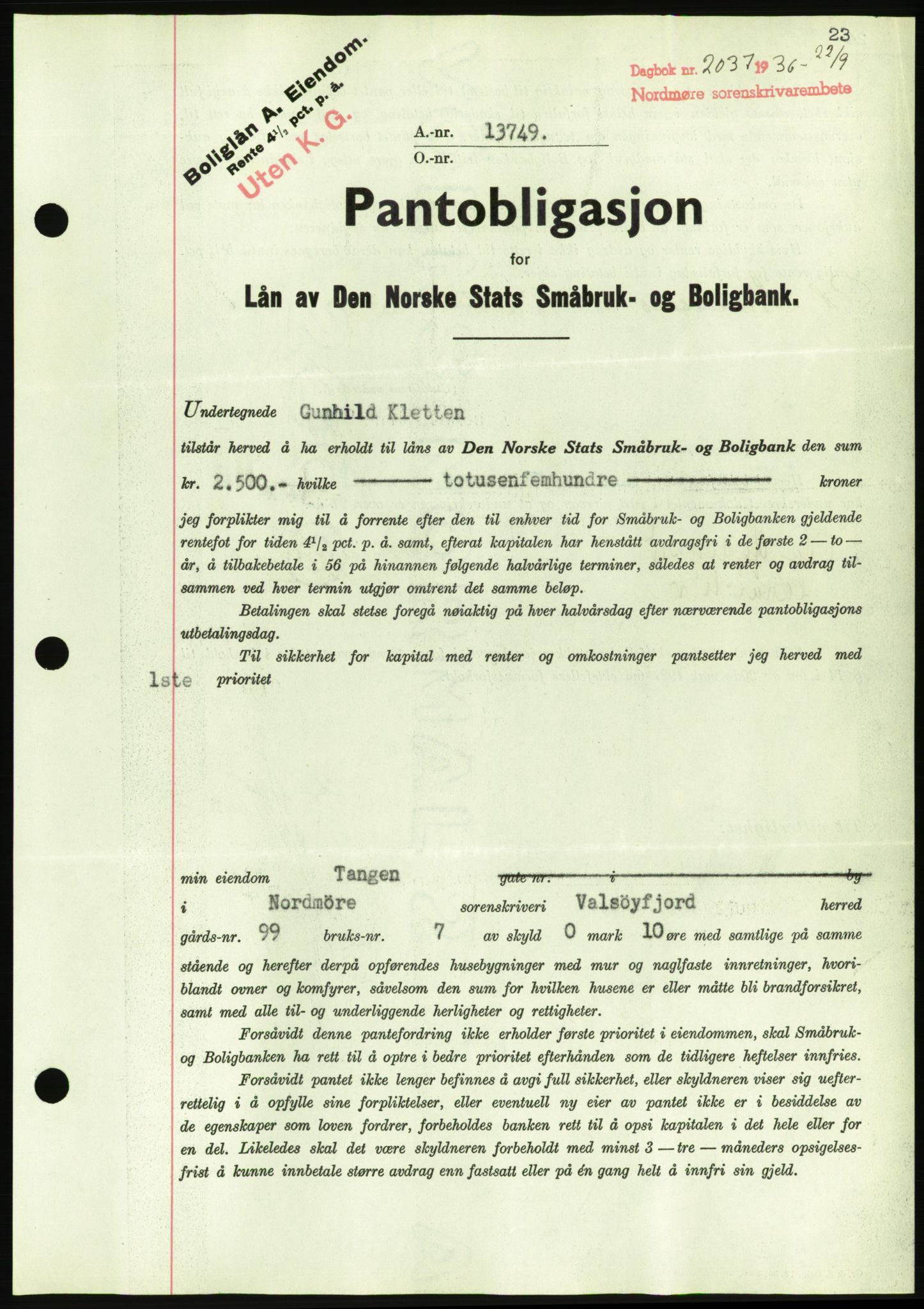 Nordmøre sorenskriveri, AV/SAT-A-4132/1/2/2Ca/L0090: Pantebok nr. B80, 1936-1937, Dagboknr: 2037/1936