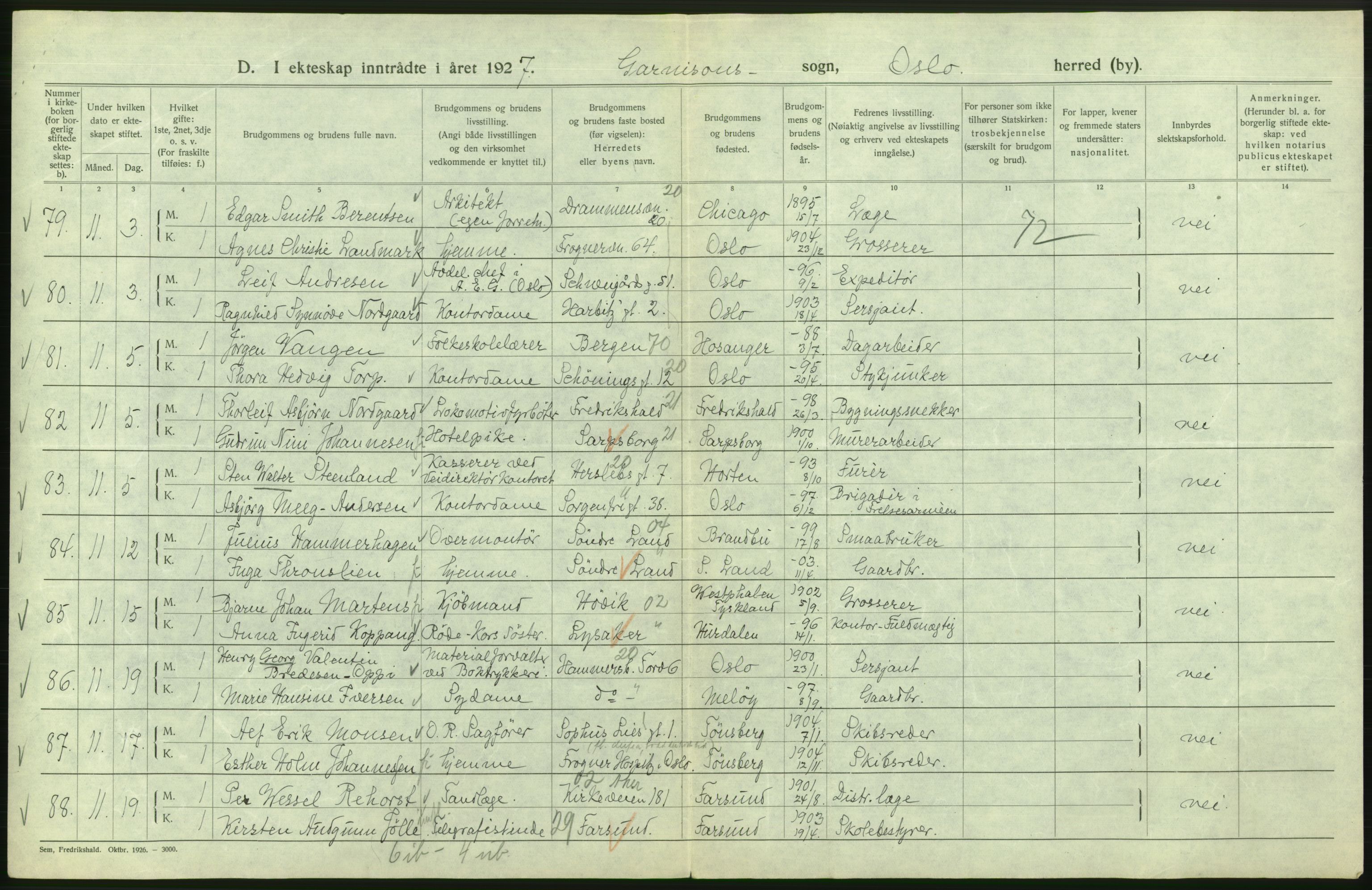 Statistisk sentralbyrå, Sosiodemografiske emner, Befolkning, RA/S-2228/D/Df/Dfc/Dfcg/L0008: Oslo: Gifte, 1927, s. 670