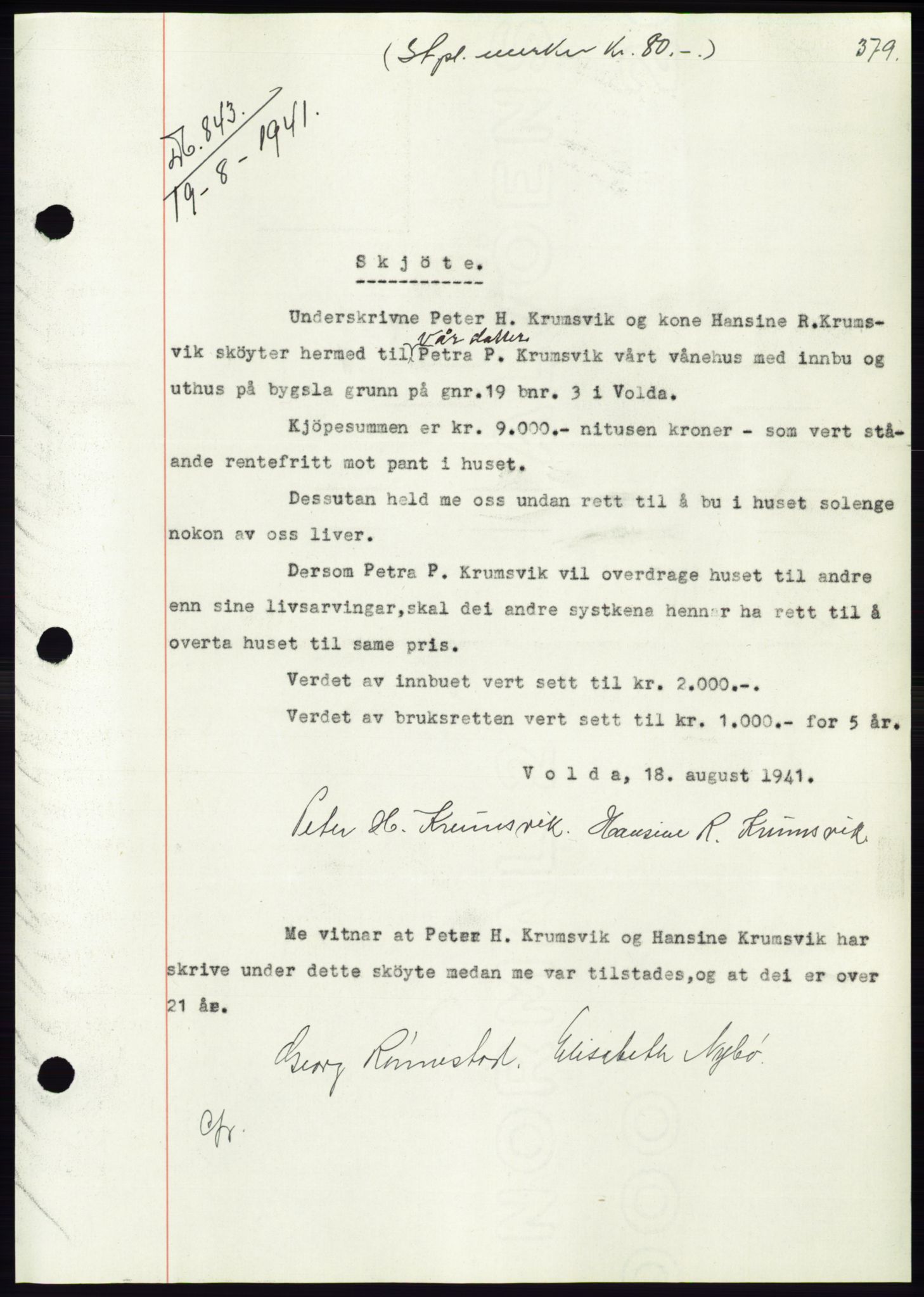 Søre Sunnmøre sorenskriveri, AV/SAT-A-4122/1/2/2C/L0071: Pantebok nr. 65, 1941-1941, Dagboknr: 843/1941