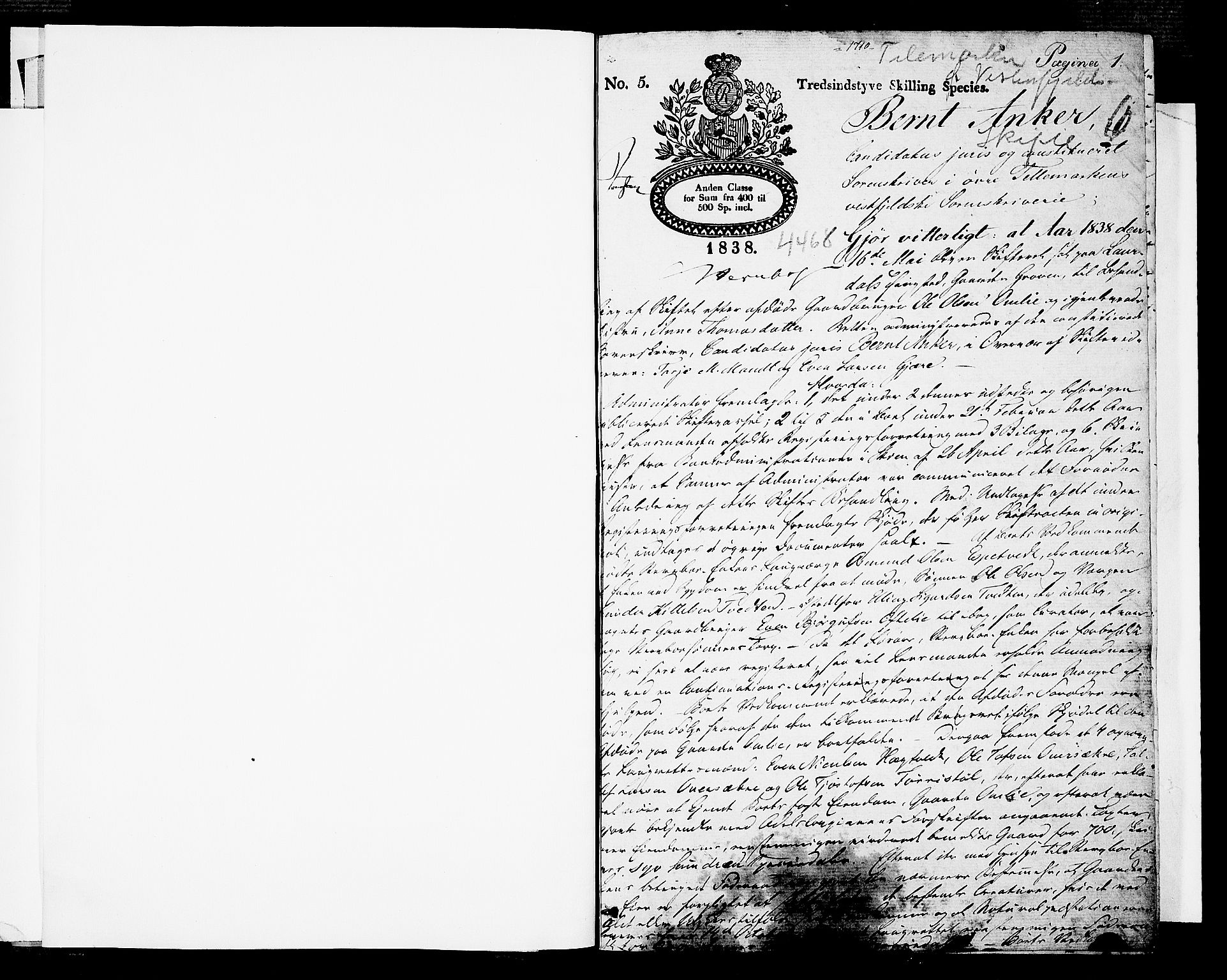 Vest-Telemark sorenskriveri, SAKO/A-134/H/Ha/Hab/L0001: Skifteforhandlingsprotokoll, 1838-1845, s. 1