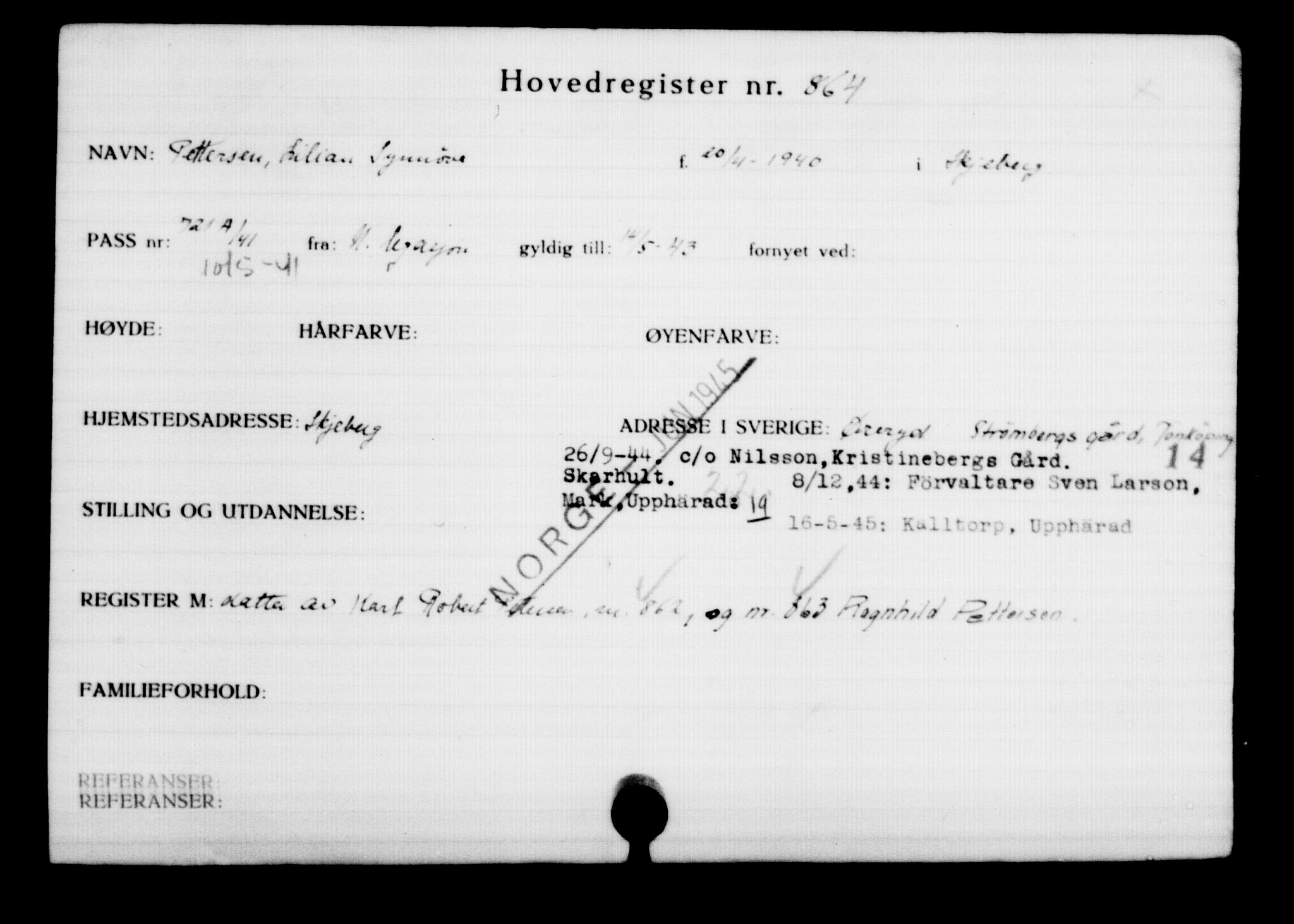 Utenriksstasjonene, Legasjonen i Stockholm, Flyktningkontoret, AV/RA-S-6753/V/Va/L0001: Kjesäterkartoteket, flyktninger med registreringsnr. 1-1000, 1940-1945, s. 1374