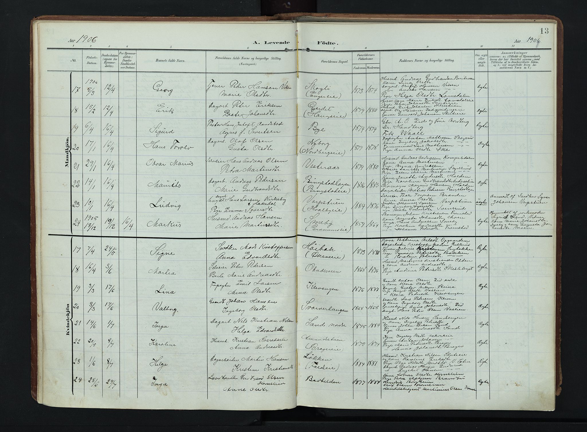Søndre Land prestekontor, AV/SAH-PREST-122/K/L0007: Ministerialbok nr. 7, 1905-1914, s. 13