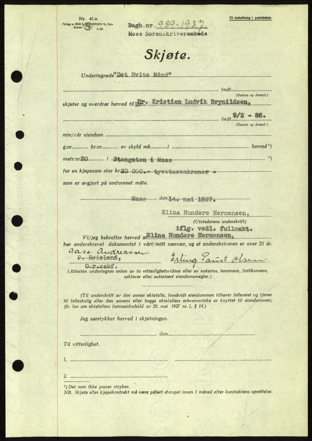 Moss sorenskriveri, SAO/A-10168: Pantebok nr. A3, 1937-1938, Dagboknr: 989/1937