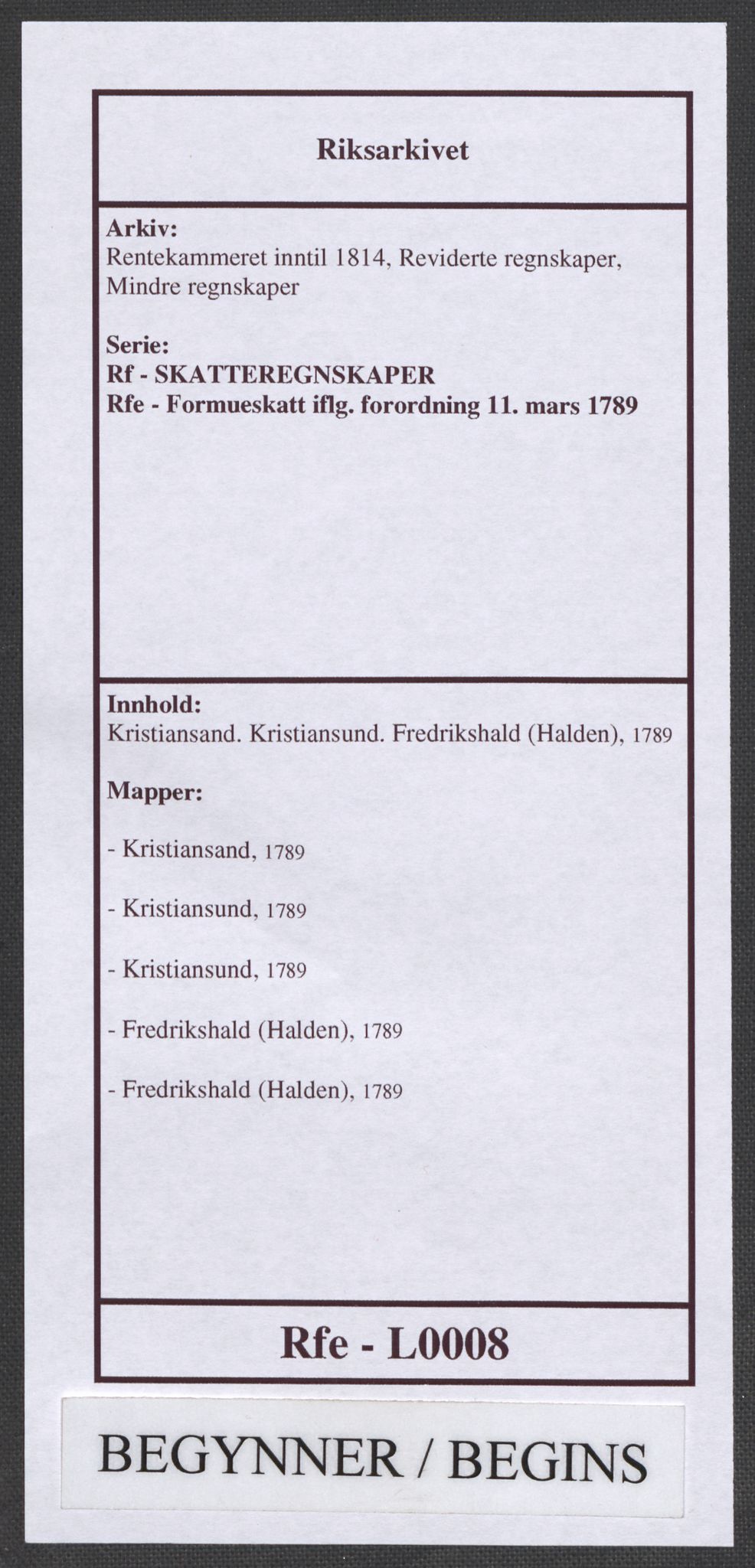 Rentekammeret inntil 1814, Reviderte regnskaper, Mindre regnskaper, RA/EA-4068/Rf/Rfe/L0008: Kristiansand. Kristiansund. Fredrikshald (Halden), 1789, s. 1