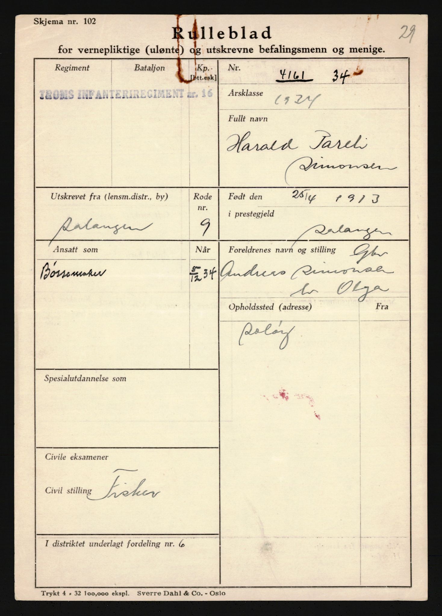 Forsvaret, Troms infanteriregiment nr. 16, AV/RA-RAFA-3146/P/Pa/L0018: Rulleblad for regimentets menige mannskaper, årsklasse 1934, 1934, s. 1145