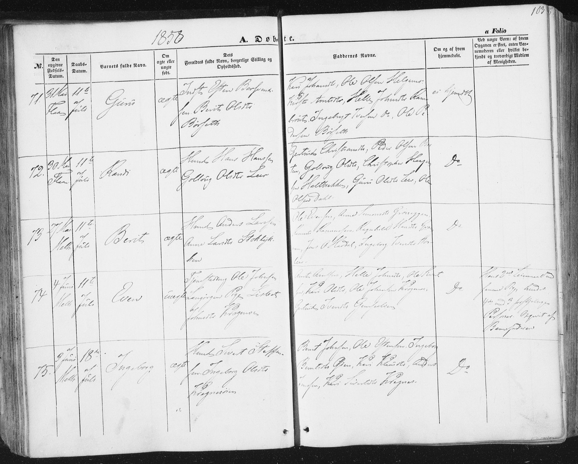 Ministerialprotokoller, klokkerbøker og fødselsregistre - Sør-Trøndelag, SAT/A-1456/691/L1076: Ministerialbok nr. 691A08, 1852-1861, s. 103