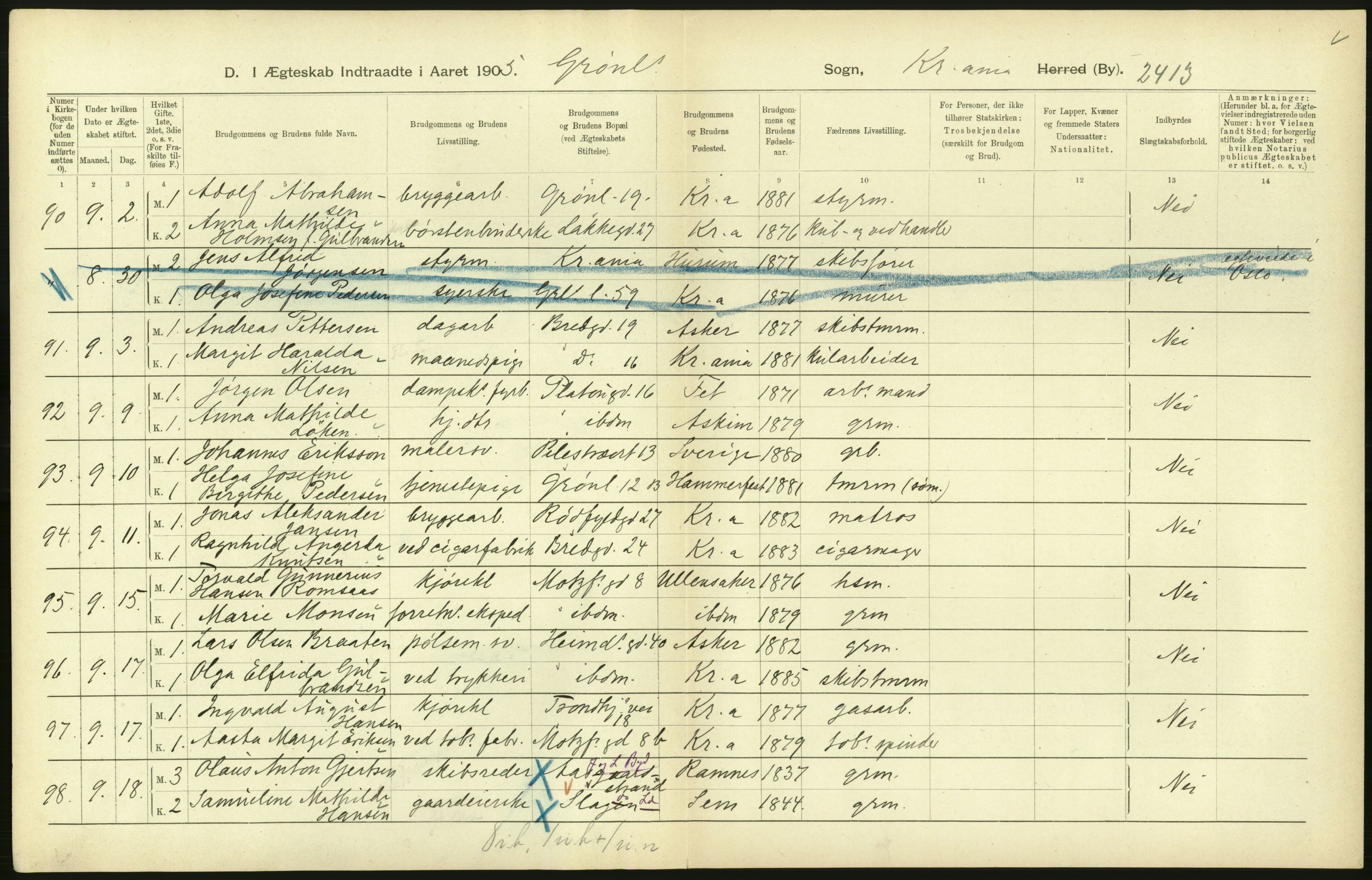 Statistisk sentralbyrå, Sosiodemografiske emner, Befolkning, AV/RA-S-2228/D/Df/Dfa/Dfac/L0007b: Kristiania: Gifte, 1905, s. 358