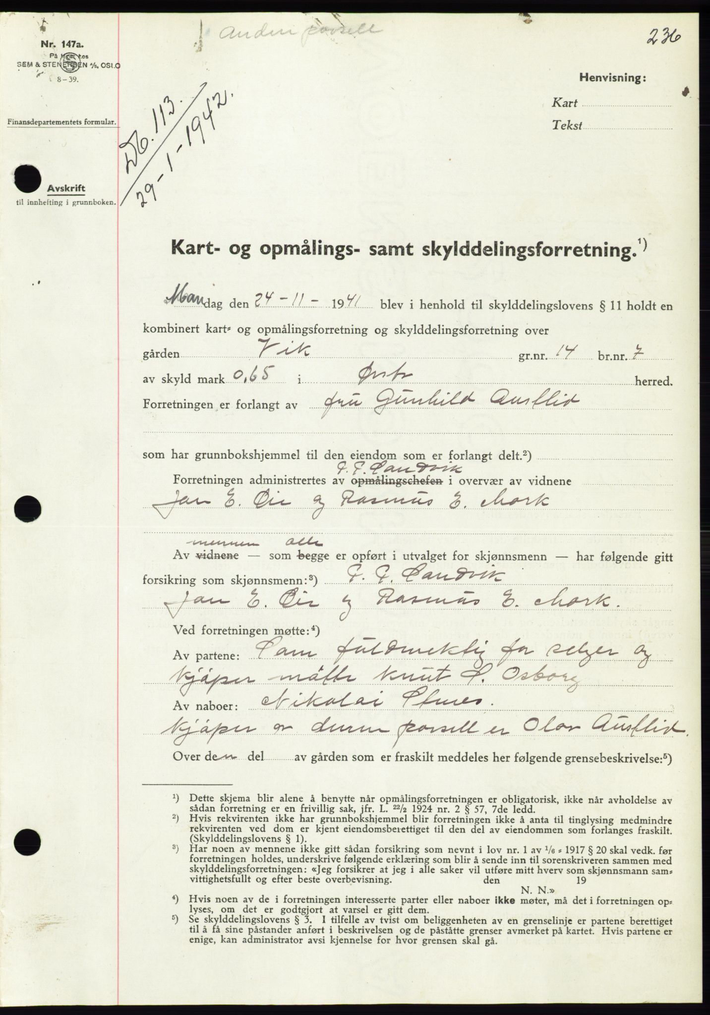 Søre Sunnmøre sorenskriveri, SAT/A-4122/1/2/2C/L0073: Pantebok nr. 67, 1941-1942, Dagboknr: 113/1942