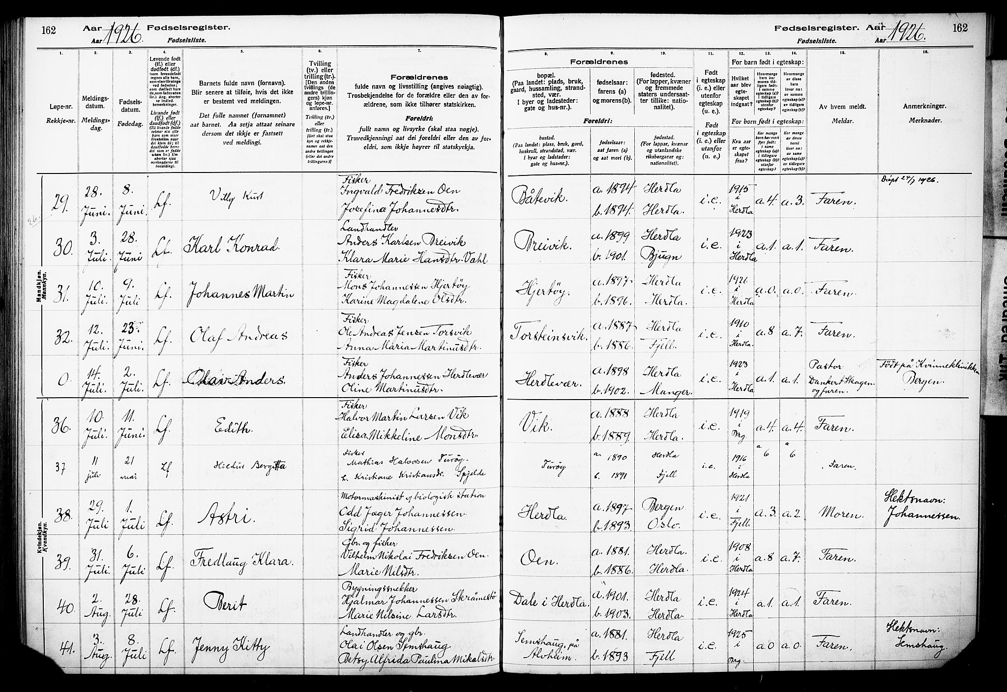 Herdla Sokneprestembete, AV/SAB-A-75701/I/Id/L00A1: Fødselsregister nr. A 1, 1916-1929, s. 162