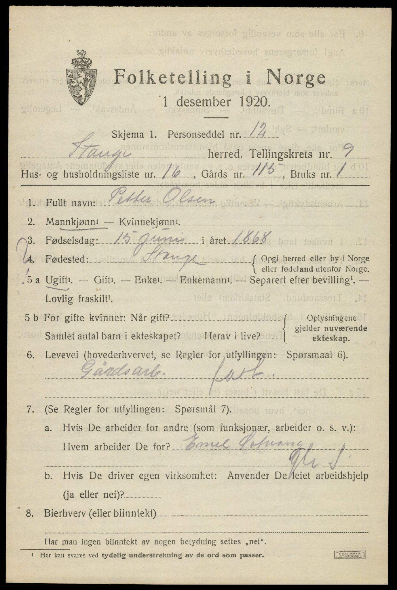 SAH, Folketelling 1920 for 0417 Stange herred, 1920, s. 14807