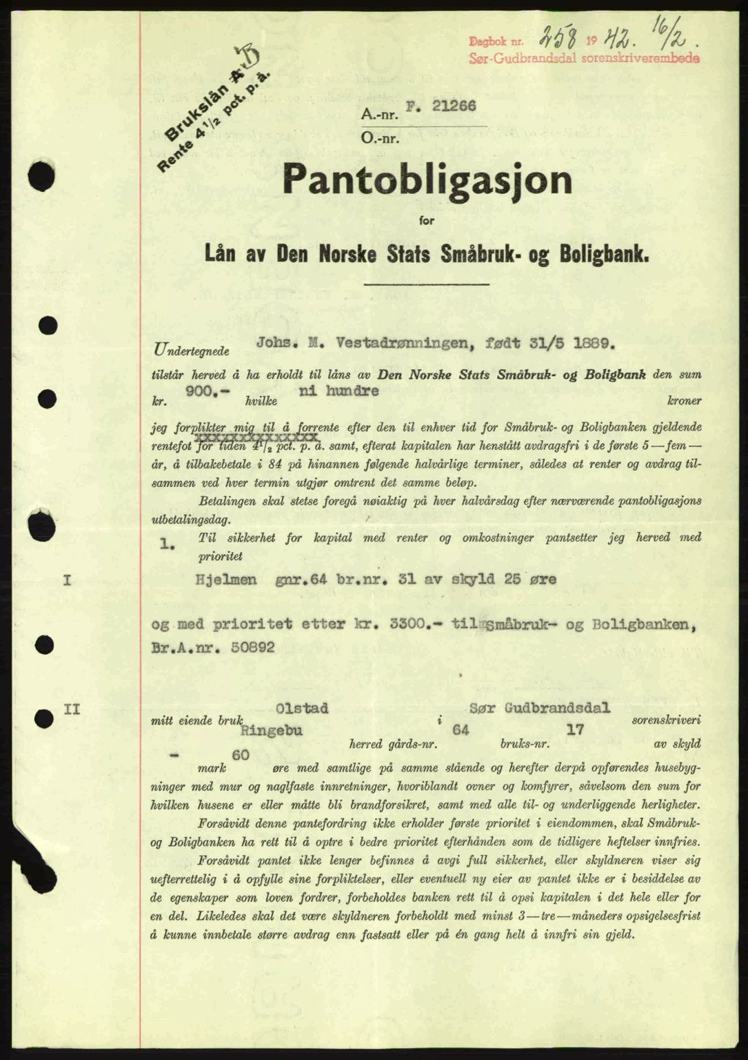 Sør-Gudbrandsdal tingrett, SAH/TING-004/H/Hb/Hbe/L0002: Pantebok nr. B2, 1939-1943, Dagboknr: 258/1942
