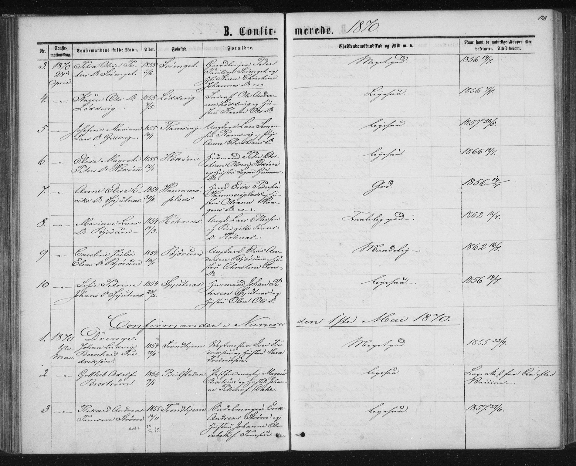 Ministerialprotokoller, klokkerbøker og fødselsregistre - Nord-Trøndelag, AV/SAT-A-1458/768/L0570: Ministerialbok nr. 768A05, 1865-1874, s. 128