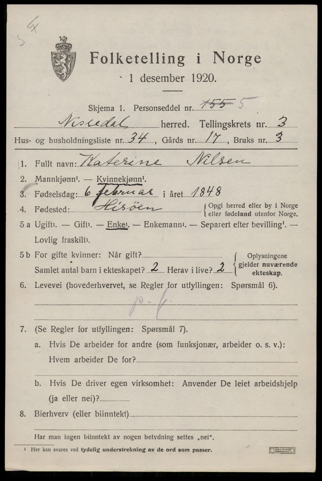 SAKO, Folketelling 1920 for 0830 Nissedal herred, 1920, s. 1805